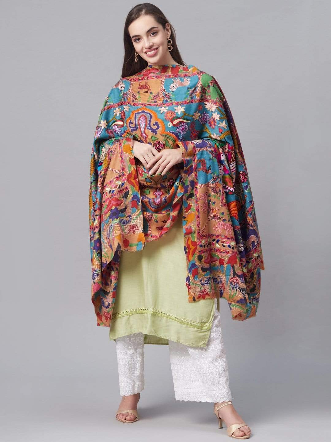 Pashtush India 100x200 Pashutsh Women Blue Beige Embroidered Designer Shawl