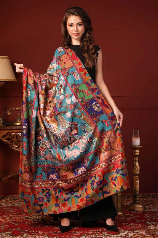 Pashtush India 100x200 PASHTUSH WOMENS SHIKAAR-DAR HAND EMBROIDERED, SHAWL IN FINE WOOL