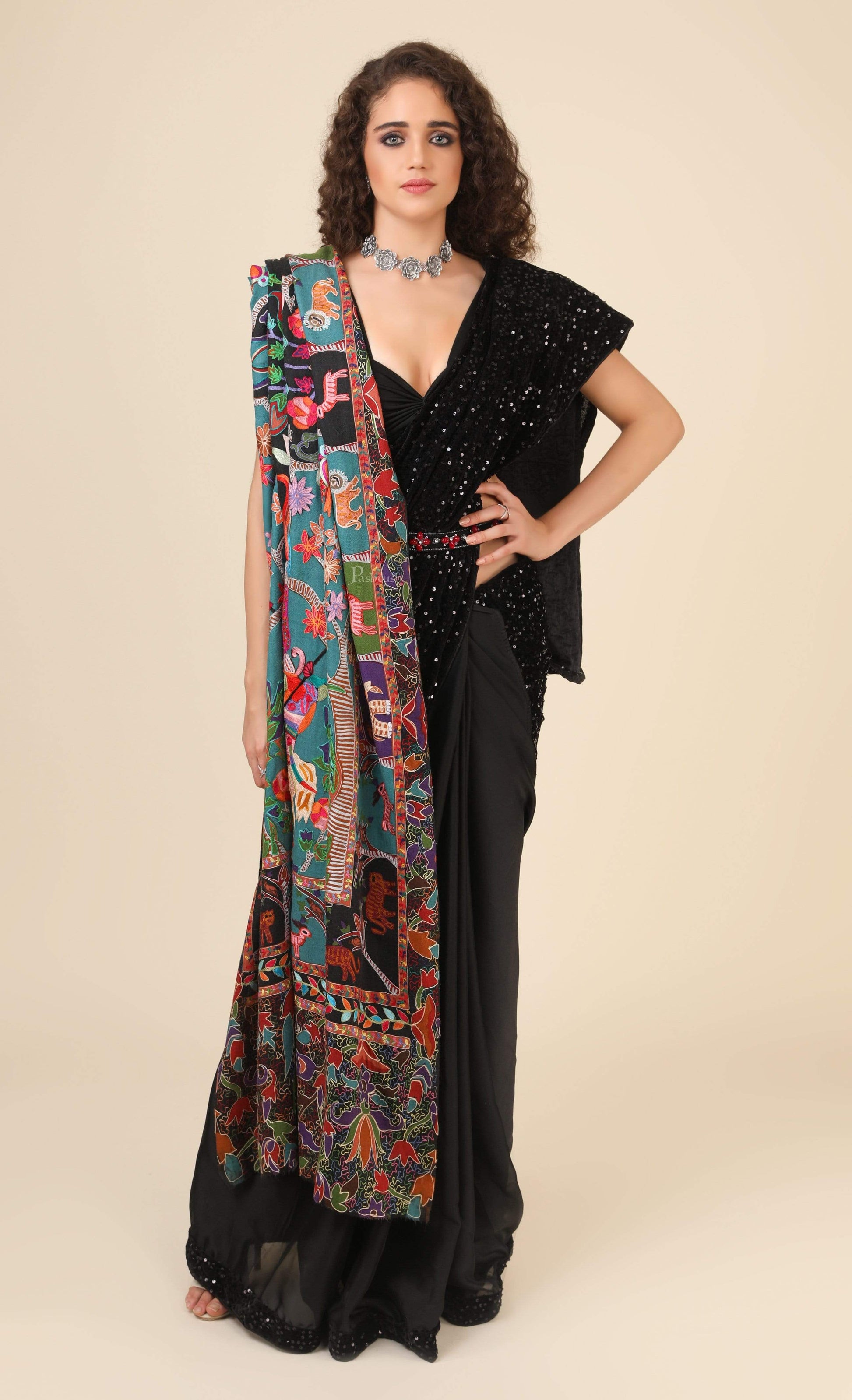 Pashtush India 114x228 Pashtush Womens Shikaar-Dar Hand Embroidered, Shawl In Fine Wool