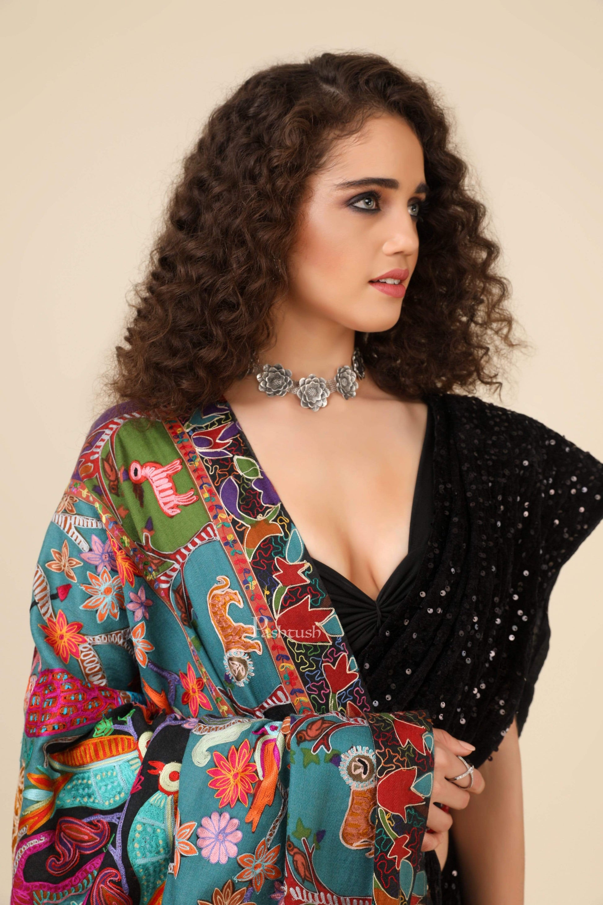 Pashtush India 114x228 Pashtush Womens Shikaar-Dar Hand Embroidered, Shawl In Fine Wool