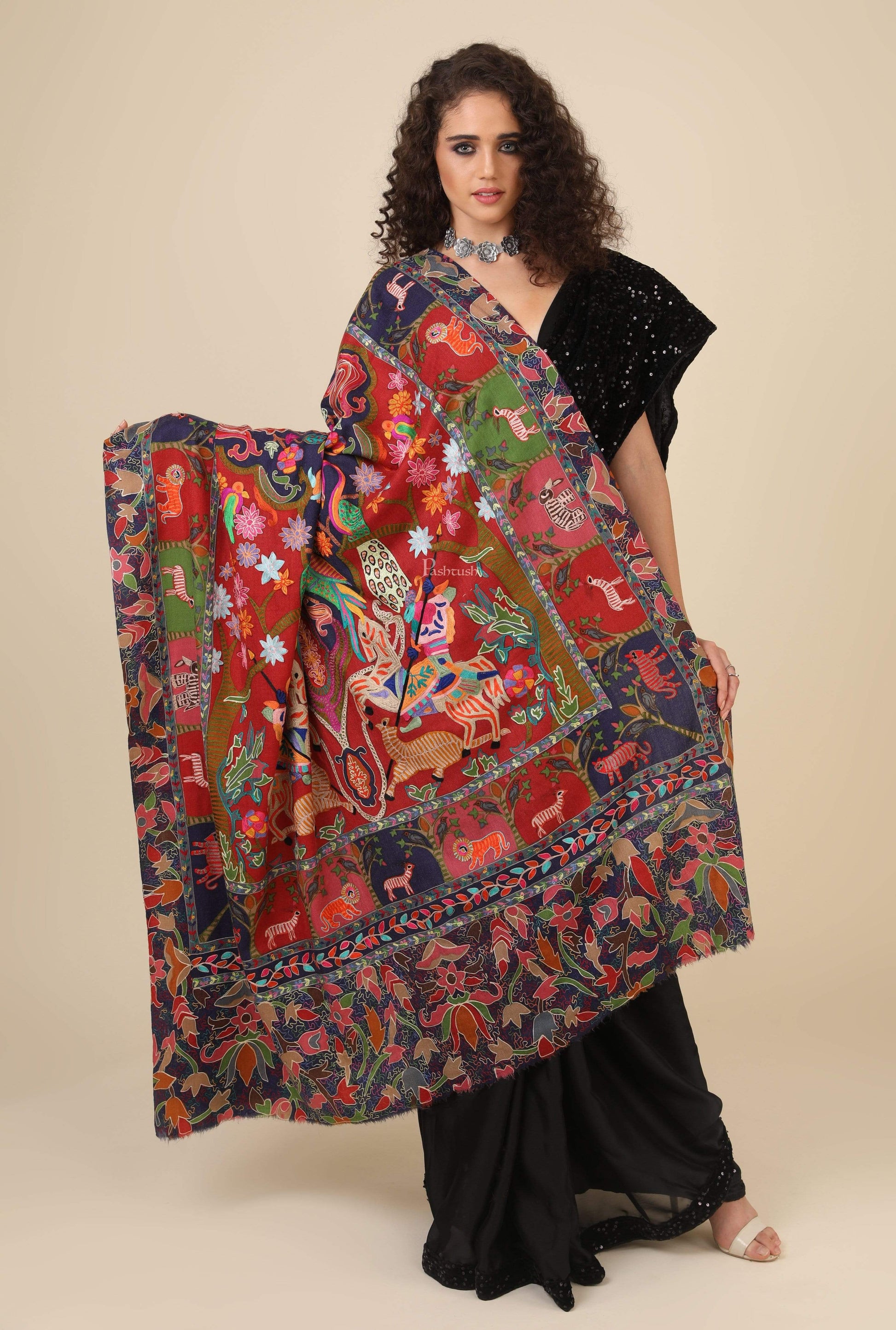 Pashtush India 114x228 Pashtush Womens Shikaar-Dar Hand Embroidered, Shawl In Fine Wool
