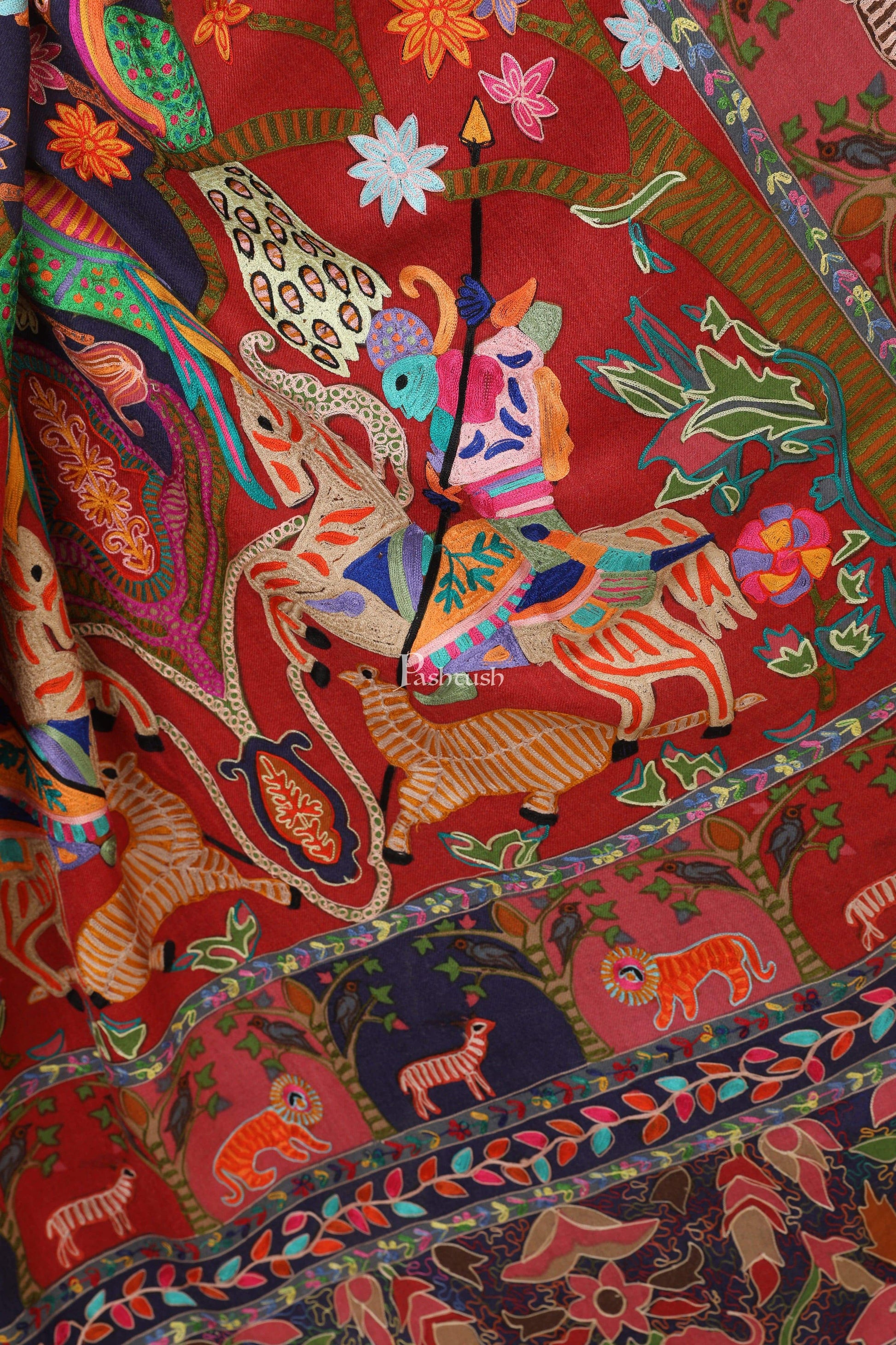 Pashtush India 114x228 Pashtush Womens Shikaar-Dar Hand Embroidered, Shawl In Fine Wool