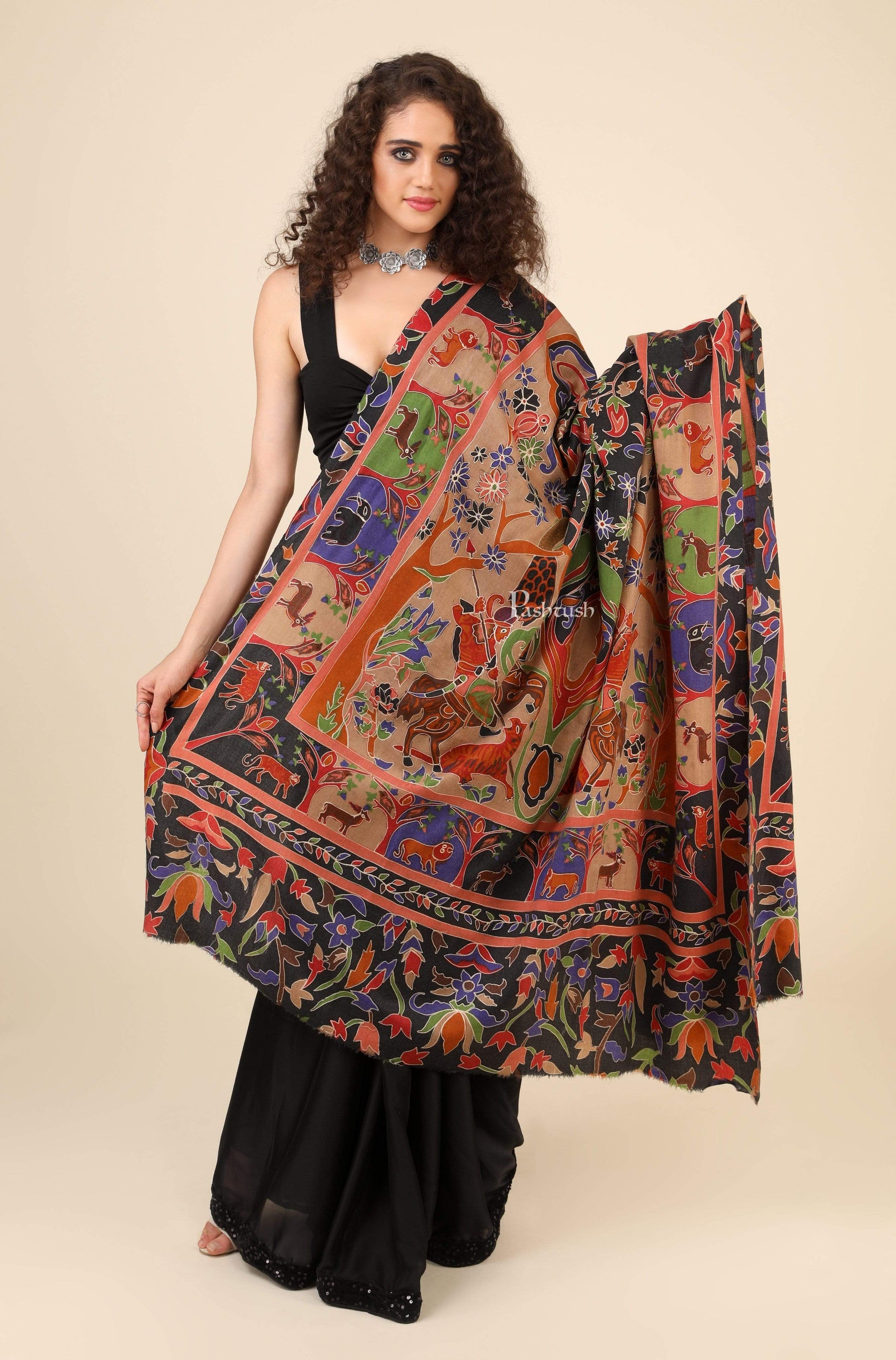 Pashtush India 114x228 Pashtush Womens Shikaar-Dar Hand Embroidered, Shawl In Fine Wool