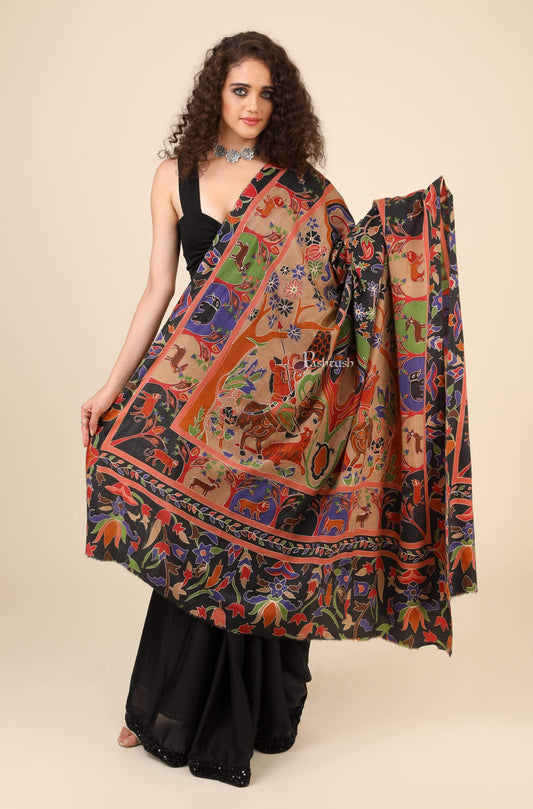 Pashtush India 114x228 Pashtush Womens Shikaar-Dar Hand Embroidered, Shawl In Fine Wool