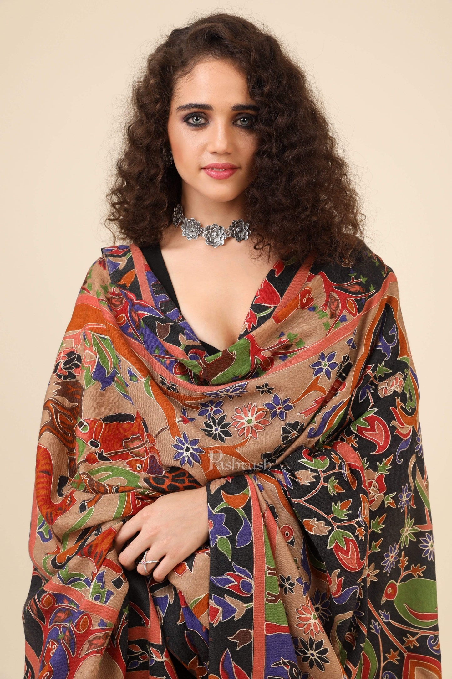 Pashtush India 114x228 Pashtush Womens Shikaar-Dar Hand Embroidered, Shawl In Fine Wool