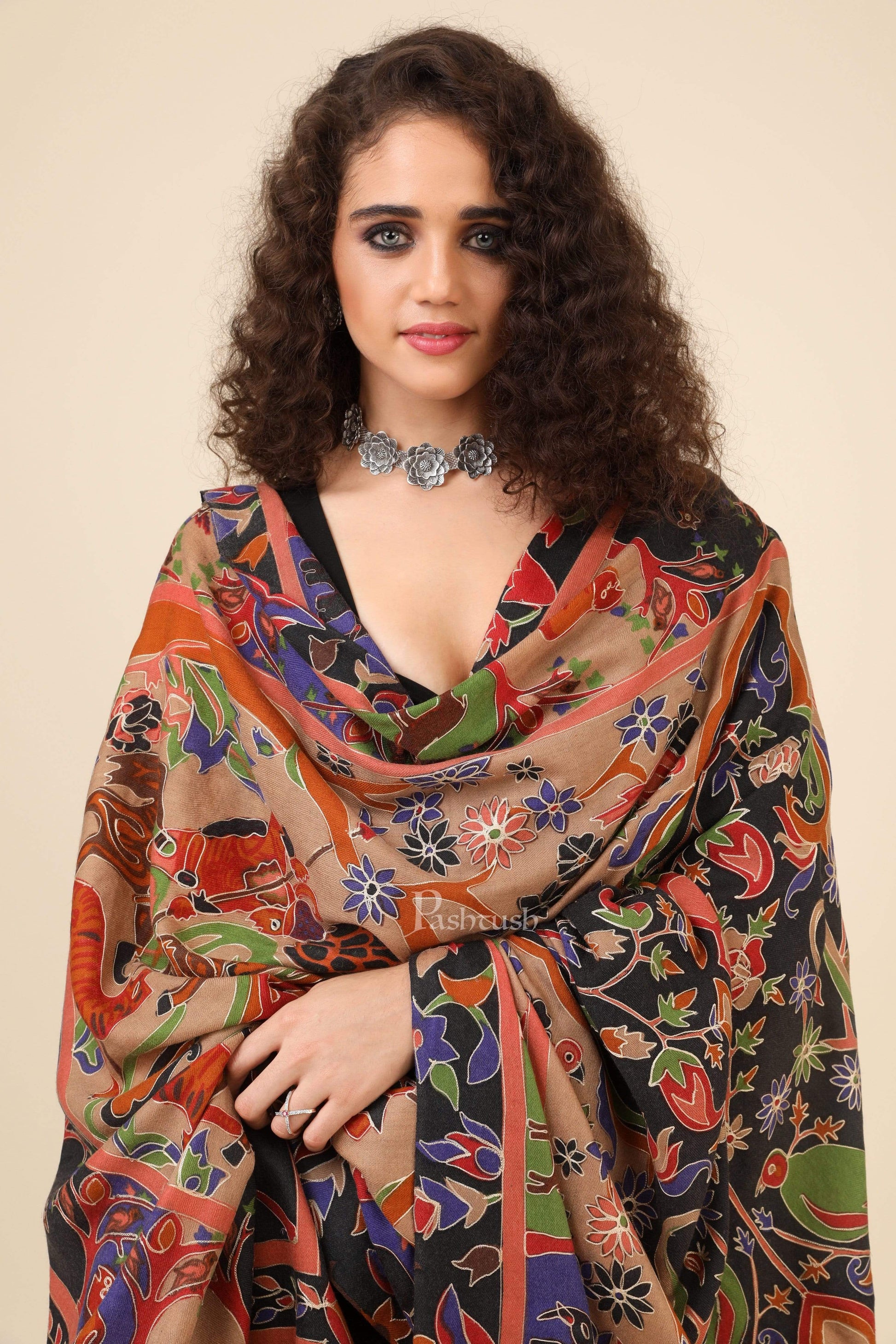Pashtush India 114x228 Pashtush Womens Shikaar-Dar Hand Embroidered, Shawl In Fine Wool