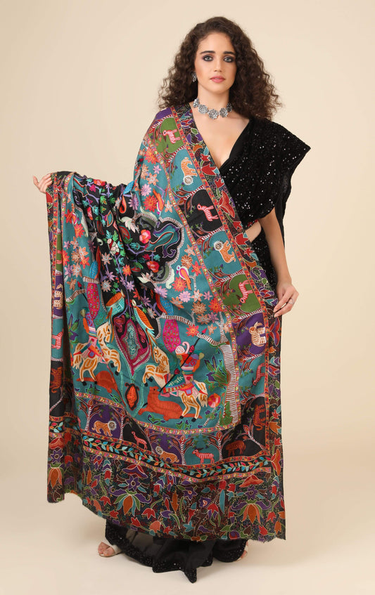 Pashtush India 114x228 Pashtush Womens Shikaar-Dar Hand Embroidered, Shawl In Fine Wool