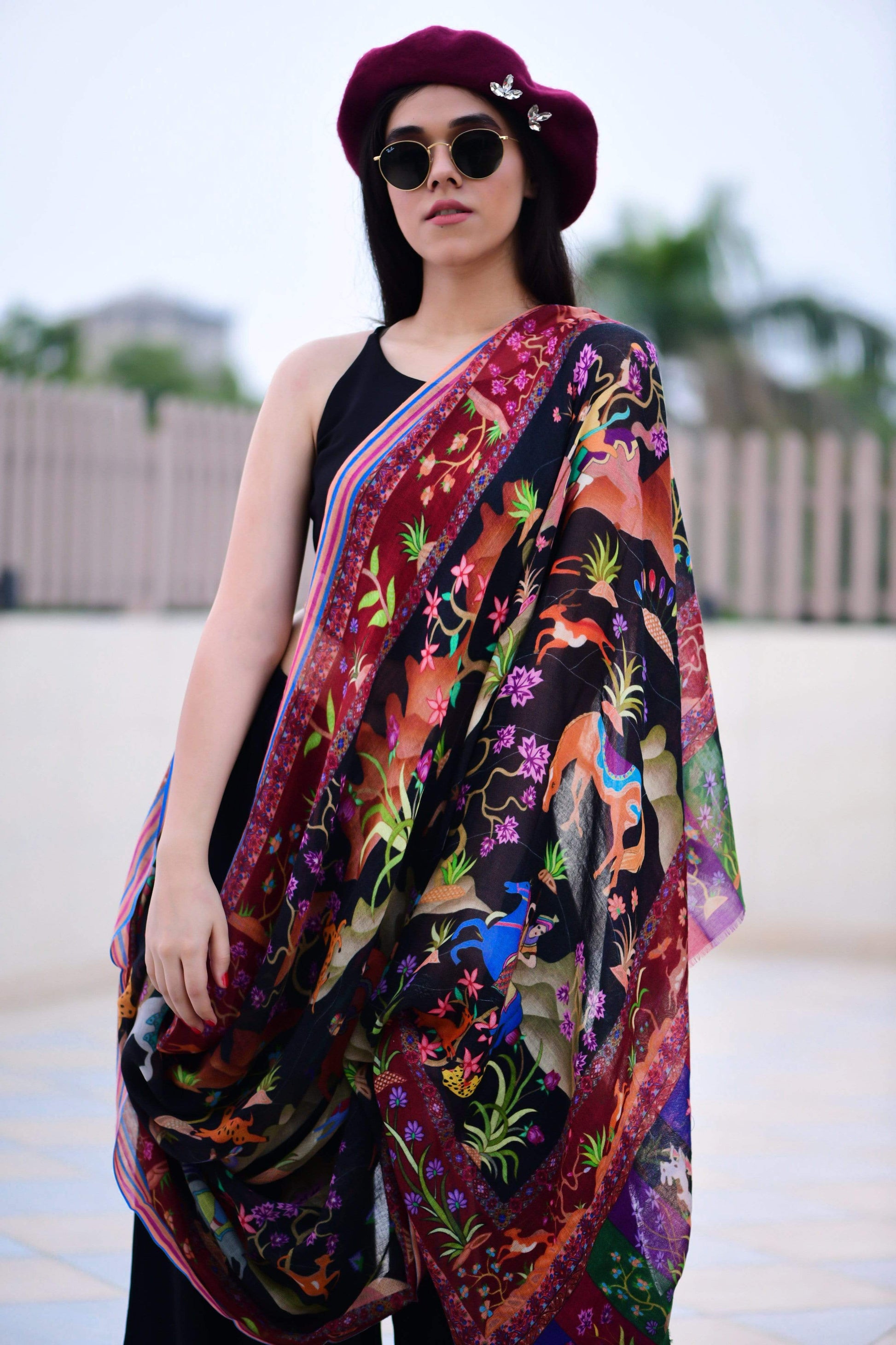 Pashtush India 100x200 Pashtush Womens Shikaar-dar Shawl, Light Weight Wool, 100% Pure Wool Shawl
