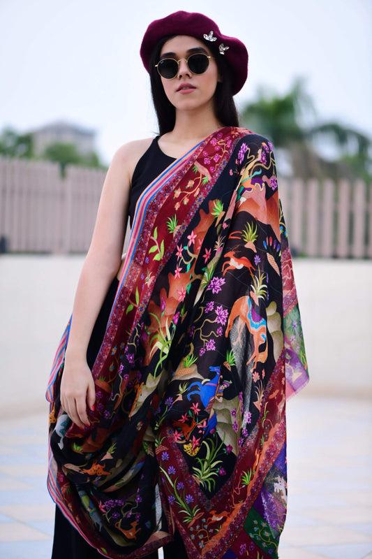 Pashtush India 100x200 Pashtush Womens Shikaar-dar Shawl, Light Weight Wool, 100% Pure Wool Shawl