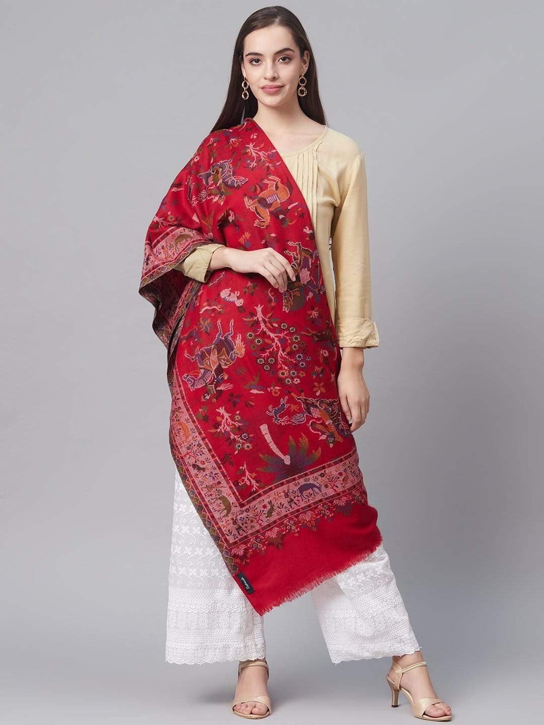 Pashtush India 100x200 Pashtush Women Red Pure Wool Woven Design Kaani Shawl