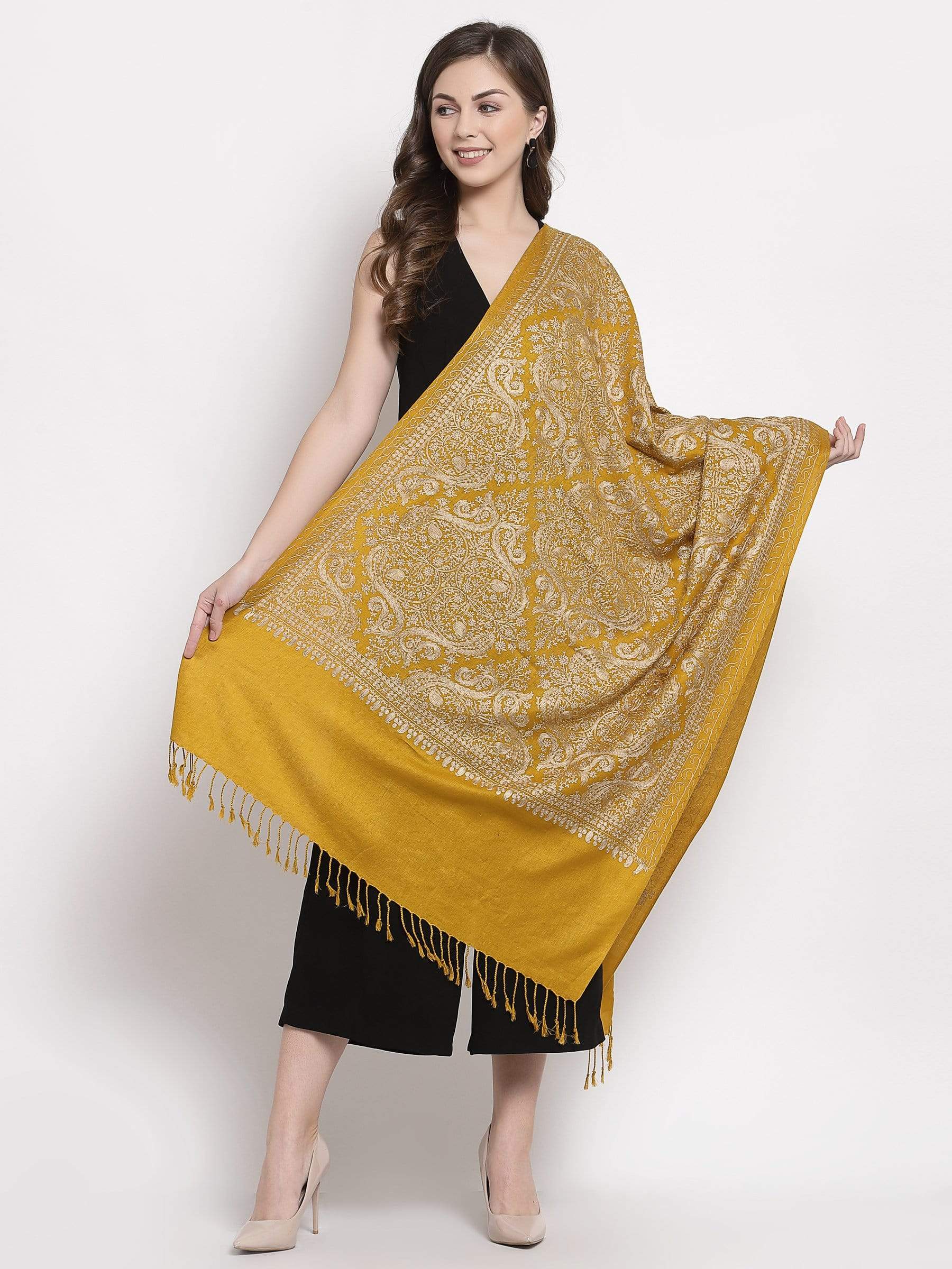 Pashtush India 70x200 Pashtush Womens Silk-Pashmina Fine Wool, Nalki Embroidery, Kashmiri Mustard