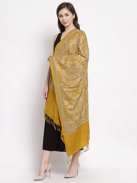 Pashtush India 70x200 Pashtush Womens Silk-Pashmina Fine Wool, Nalki Embroidery, Kashmiri Mustard