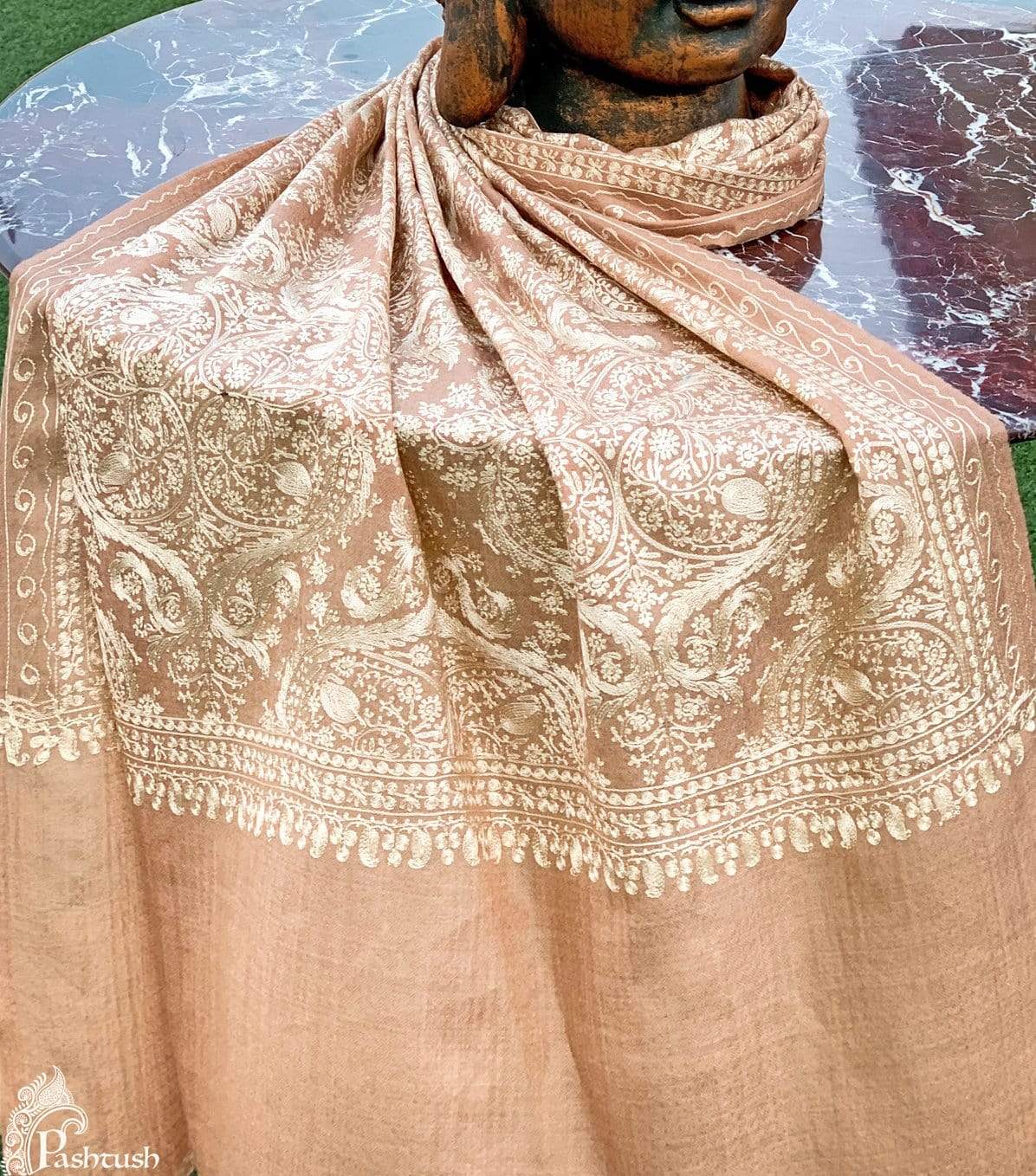 Pashtush Store Stole Pashtush Womens Silk-Pashmina Fine Wool, Nalki Embroidery Needlework Stole (28x80 inches) Nude Biege