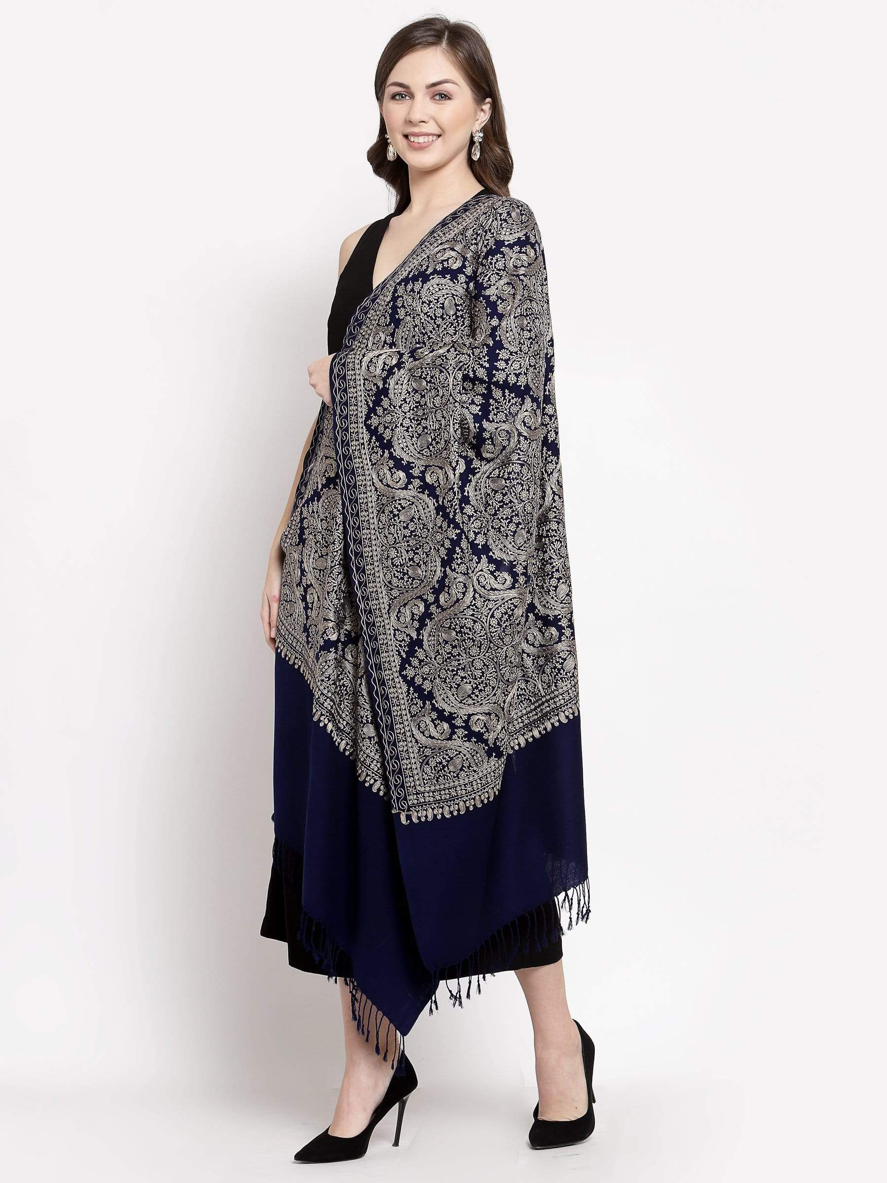 Pashtush India 70x200 Pashtush Womens Silk-Pashmina Wool, Nalki Embroidery Needlework Stole Midnight Blue