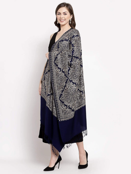 Pashtush India 70x200 Pashtush Womens Silk-Pashmina Wool, Nalki Embroidery Needlework Stole Midnight Blue