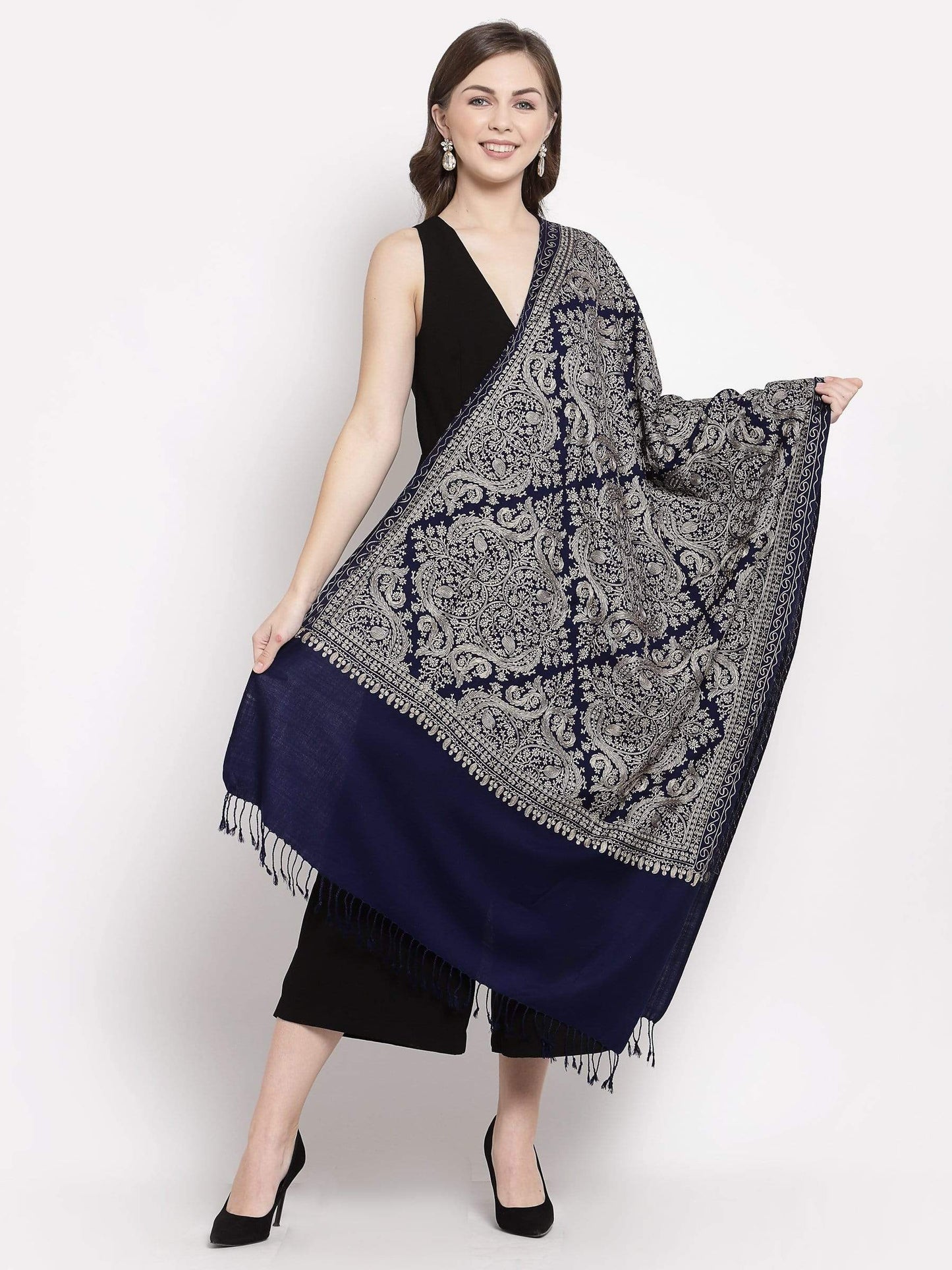 Pashtush India 70x200 Pashtush Womens Silk-Pashmina Wool, Nalki Embroidery Needlework Stole Midnight Blue