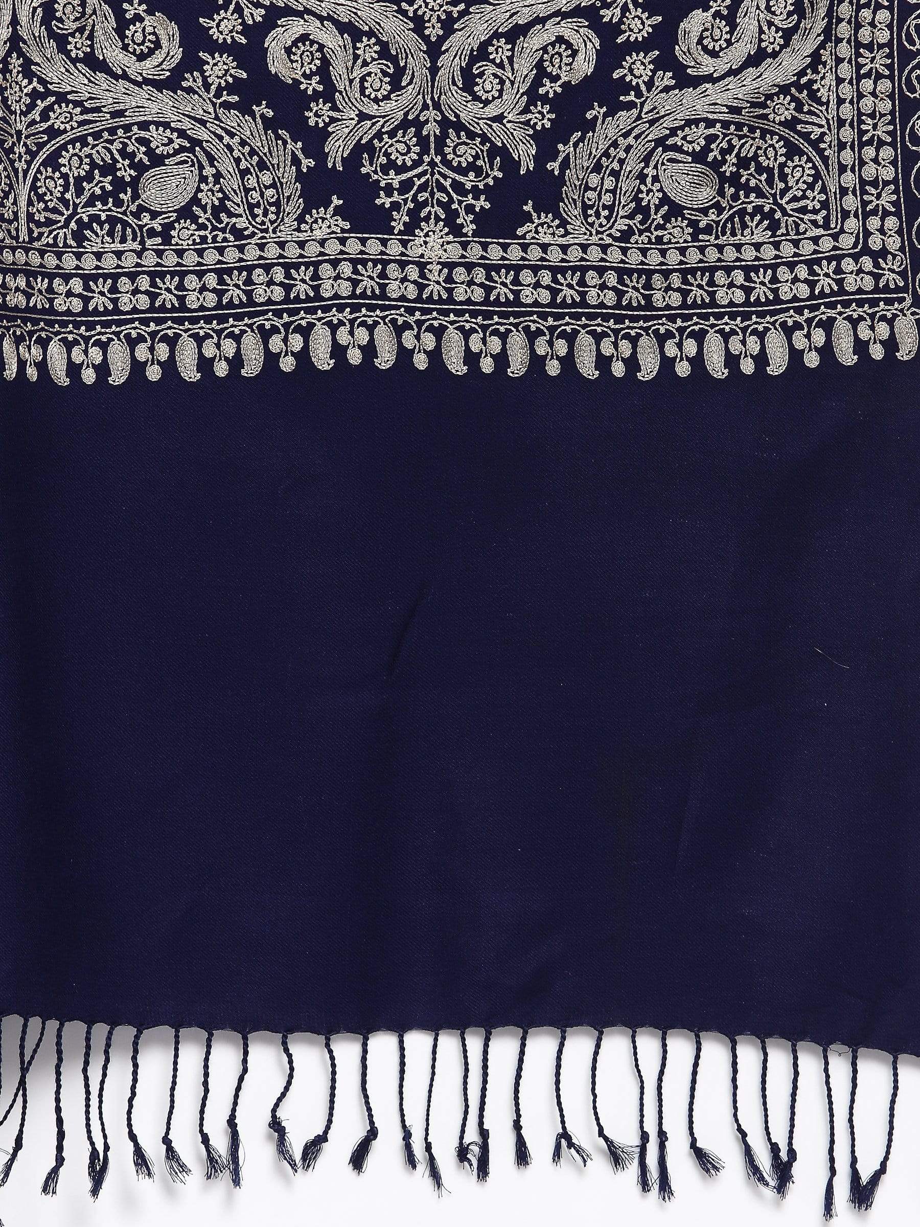 Pashtush India 70x200 Pashtush Womens Silk-Pashmina Wool, Nalki Embroidery Needlework Stole Midnight Blue