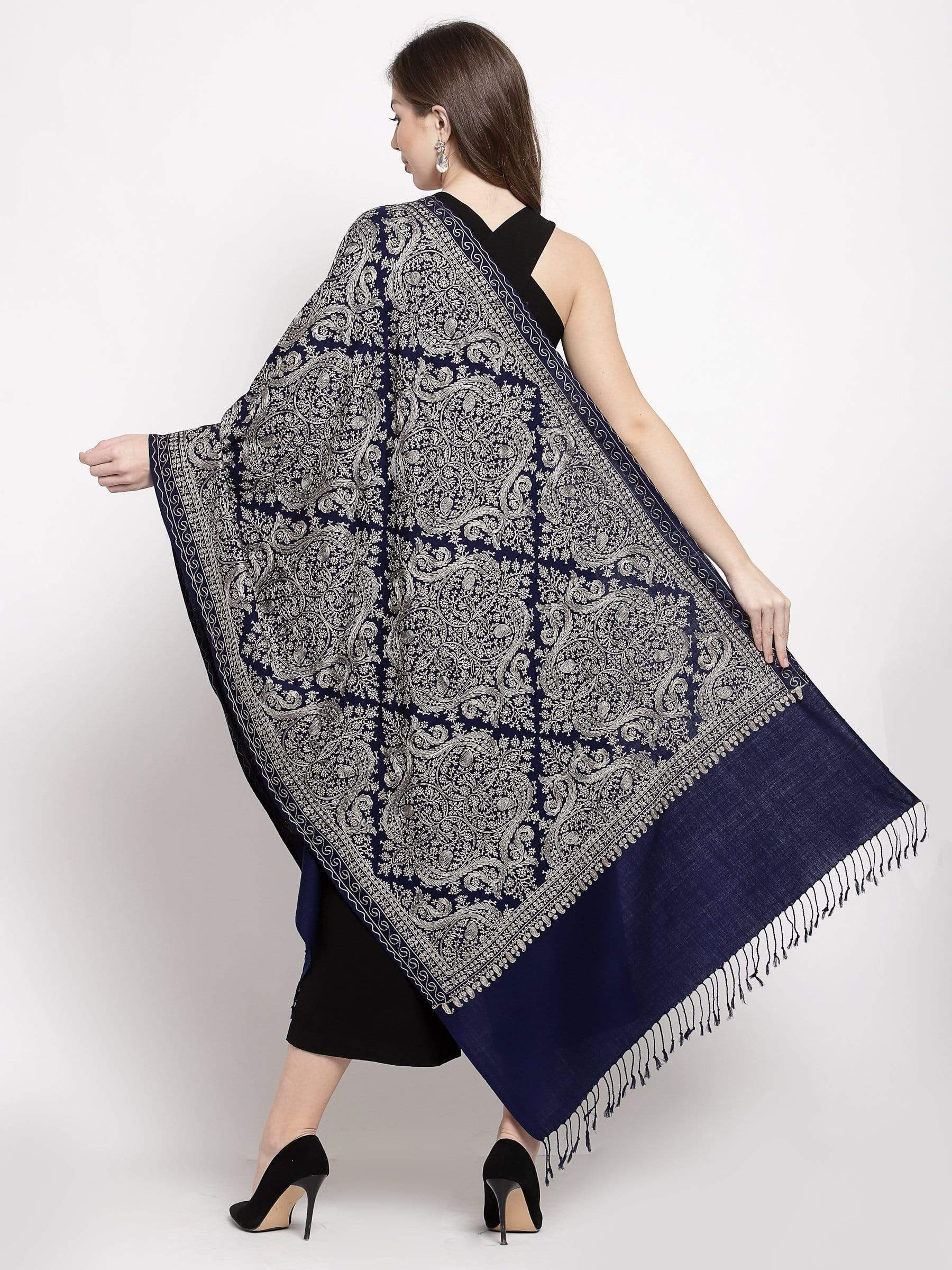 Pashtush India 70x200 Pashtush Womens Silk-Pashmina Wool, Nalki Embroidery Needlework Stole Midnight Blue