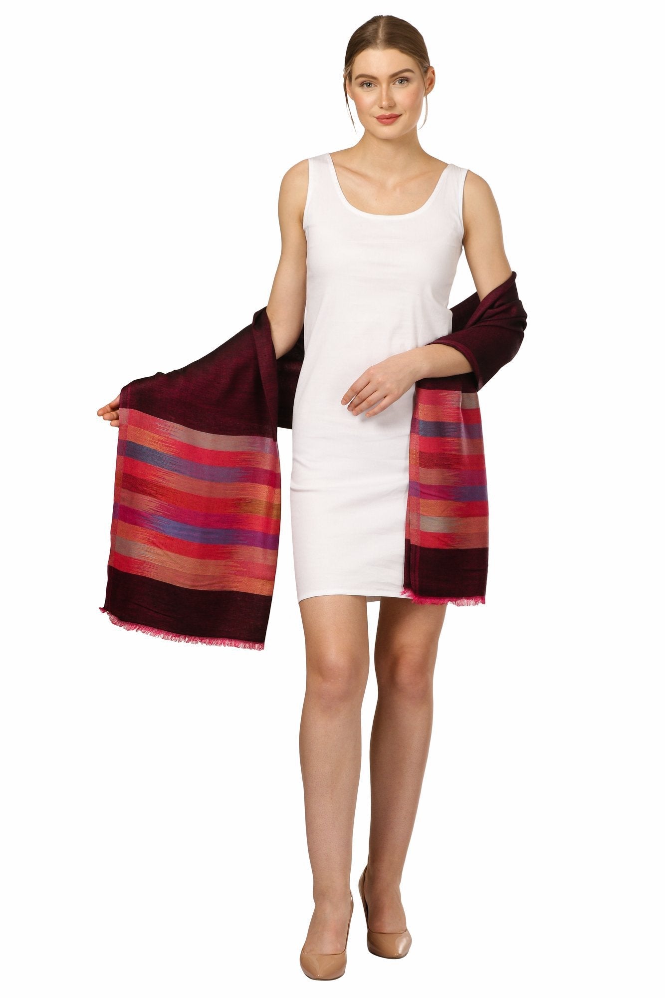 Pashtush Shawl Store Stole Pashtush Womens Soft Bamboo Stole, Reversible Design, Twin Colored, With Multi Colored Stripes 28x80 inches