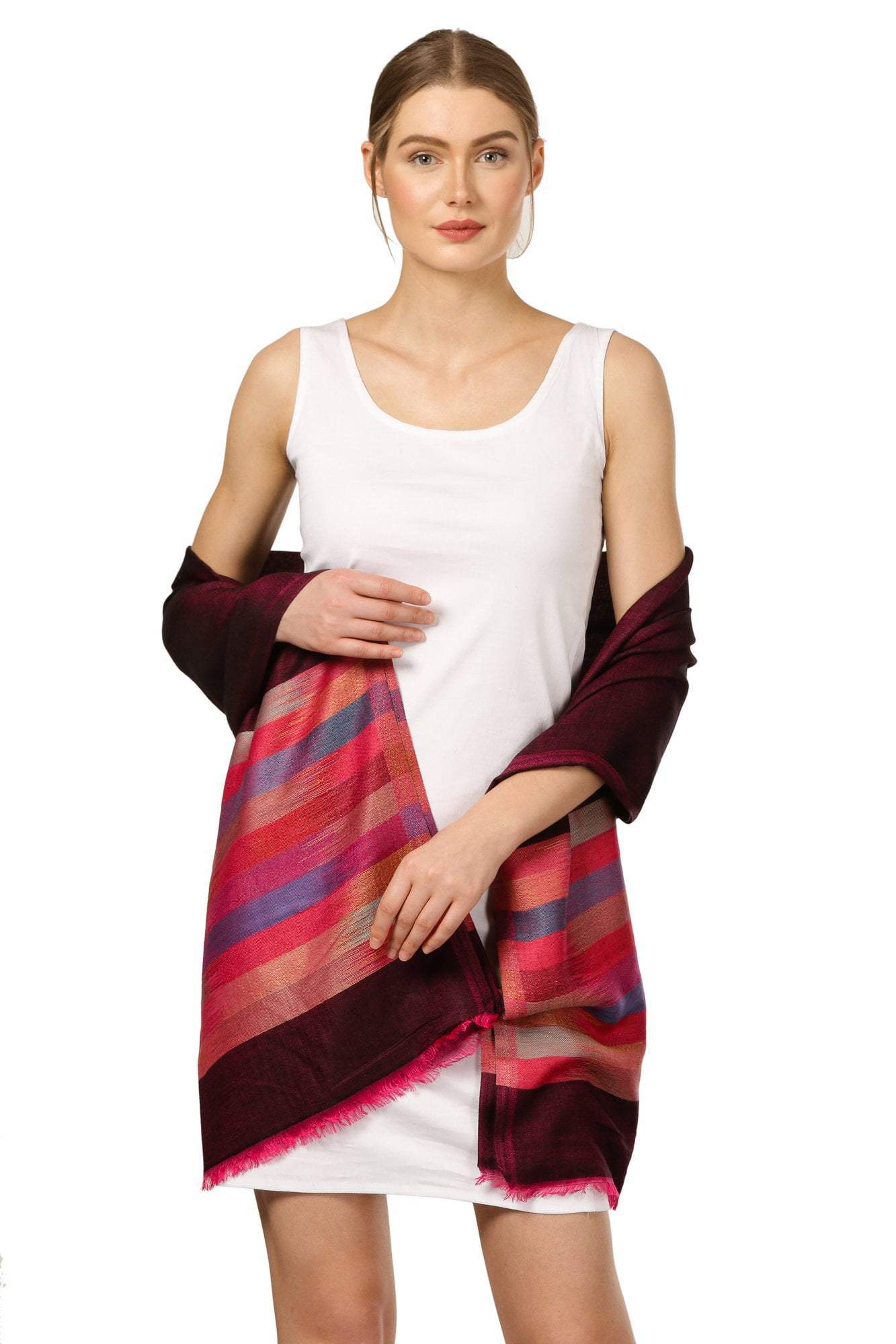 Pashtush Shawl Store Stole Pashtush Womens Soft Bamboo Stole, Reversible Design, Twin Colored, With Multi Colored Stripes 28x80 inches
