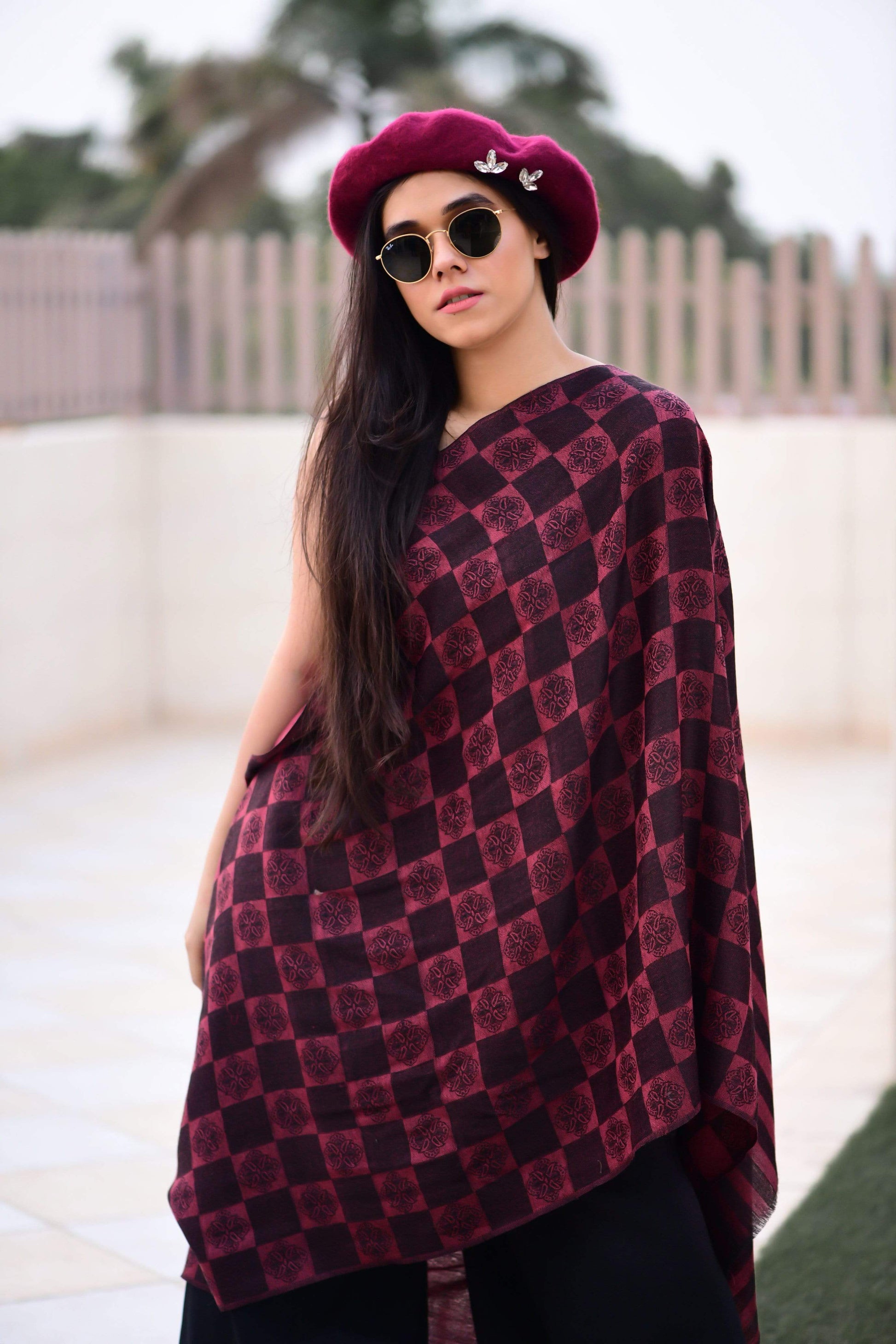 Pashtush Store Stole Pashtush Womens Soft Wool Scarf, Checkered Weave, Black and Maroon