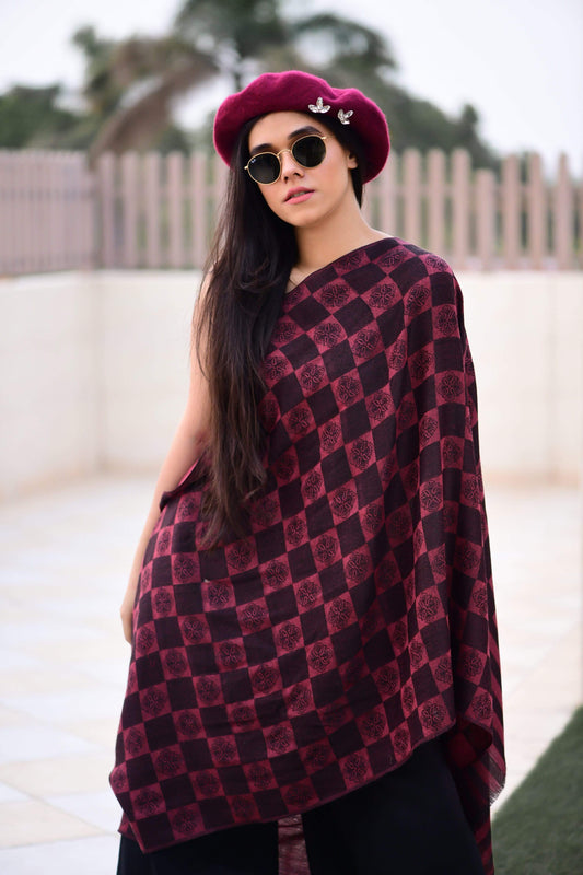 Pashtush Store Stole Pashtush Womens Soft Wool Scarf, Checkered Weave, Black and Maroon