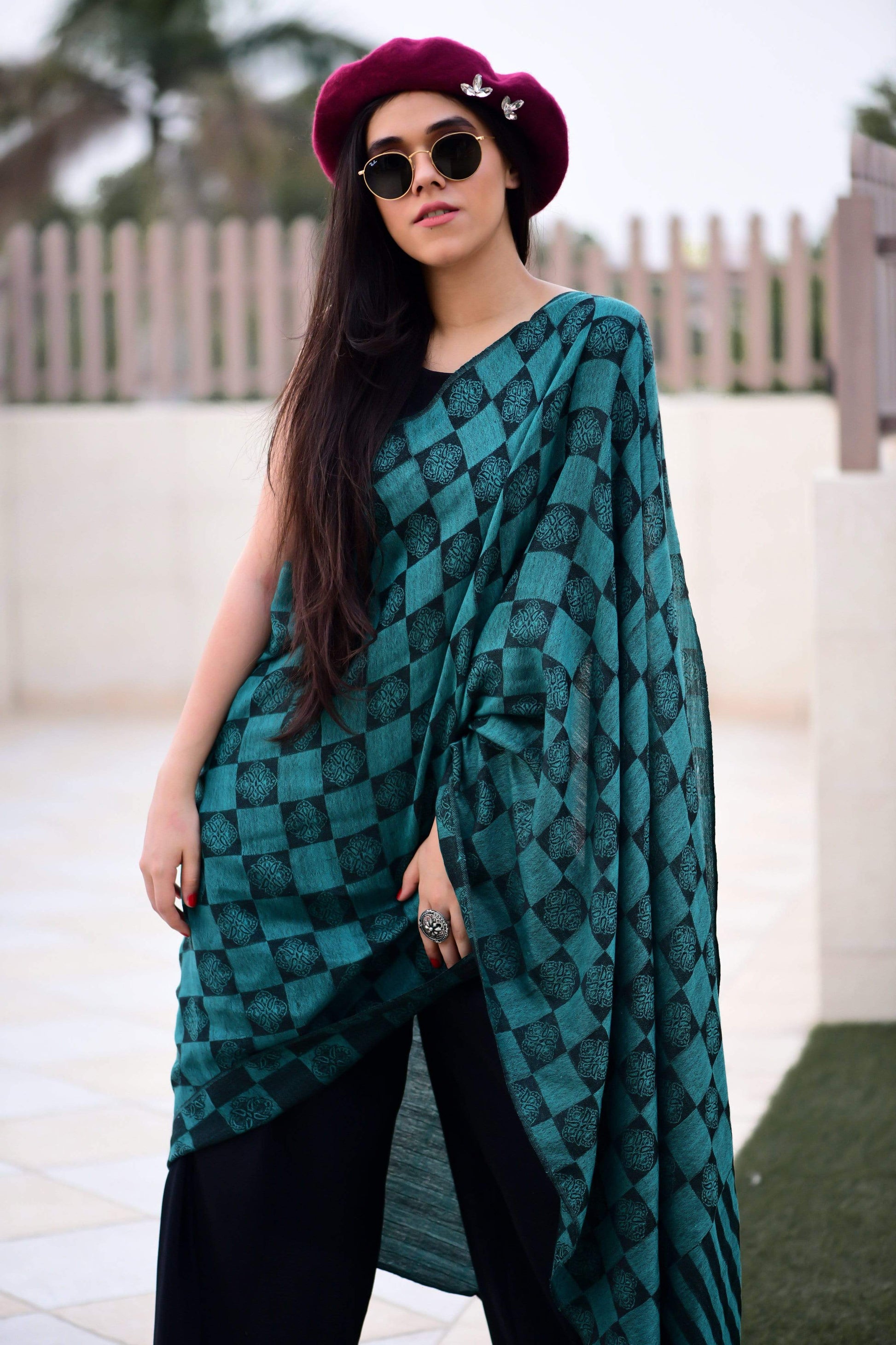 Pashtush Store Stole Pashtush Womens Soft Wool Scarf, Checkered Weave, Sapphire Blue Stole