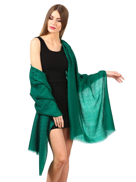 Pashtush India Stole Pashtush Womens Stole, Fine Wool Scarf, Checkered Weave, Bottle Green