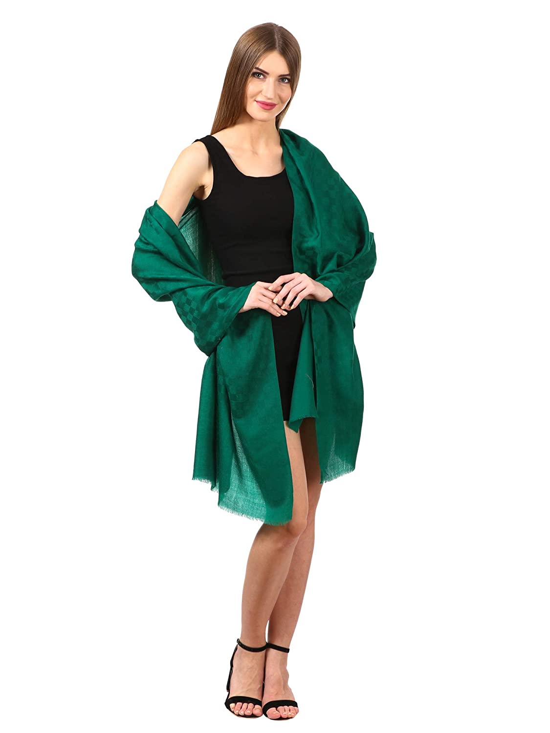 Pashtush India Stole Pashtush Womens Stole, Fine Wool Scarf, Checkered Weave, Bottle Green
