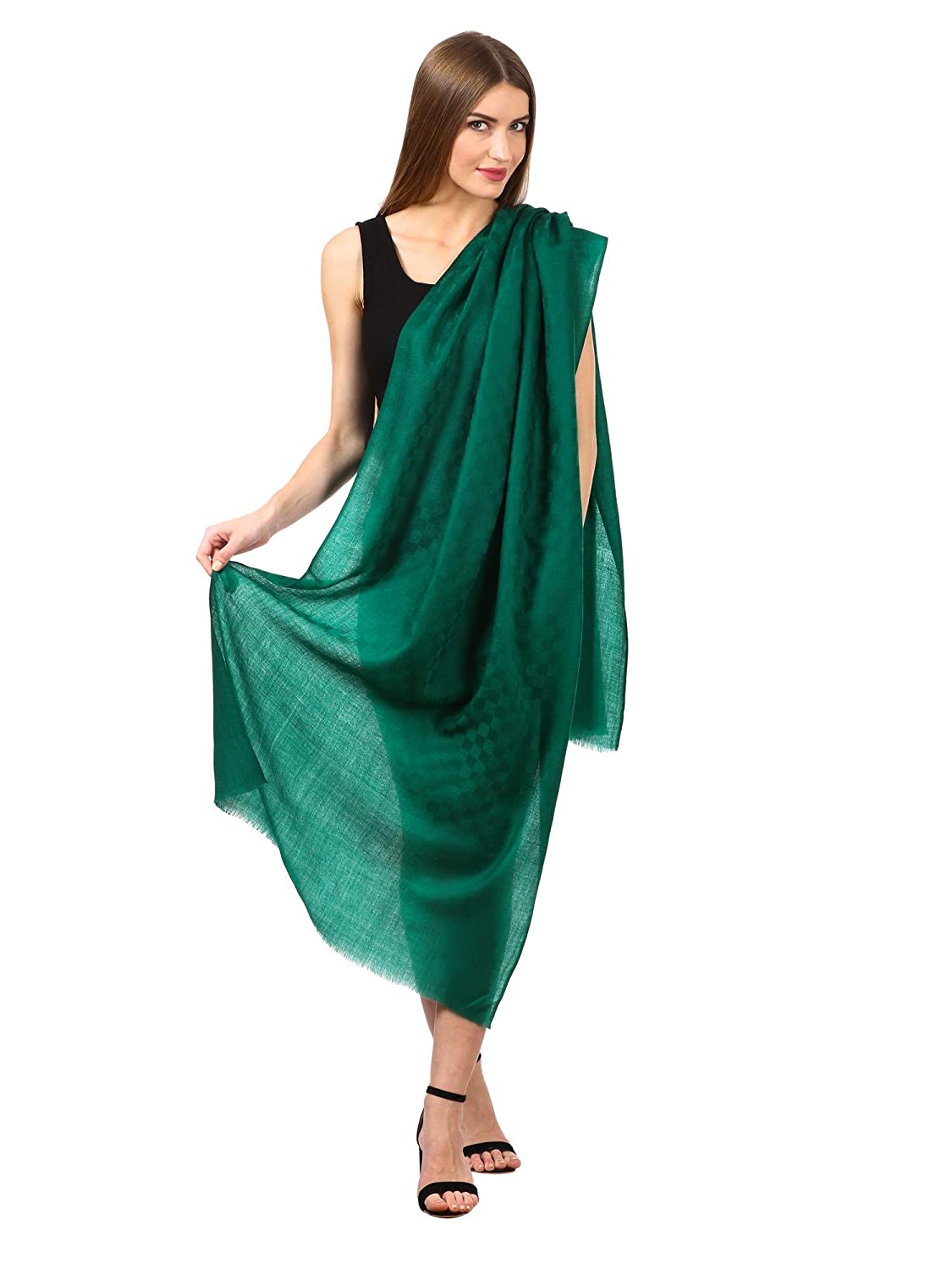 Pashtush India Stole Pashtush Womens Stole, Fine Wool Scarf, Checkered Weave, Bottle Green