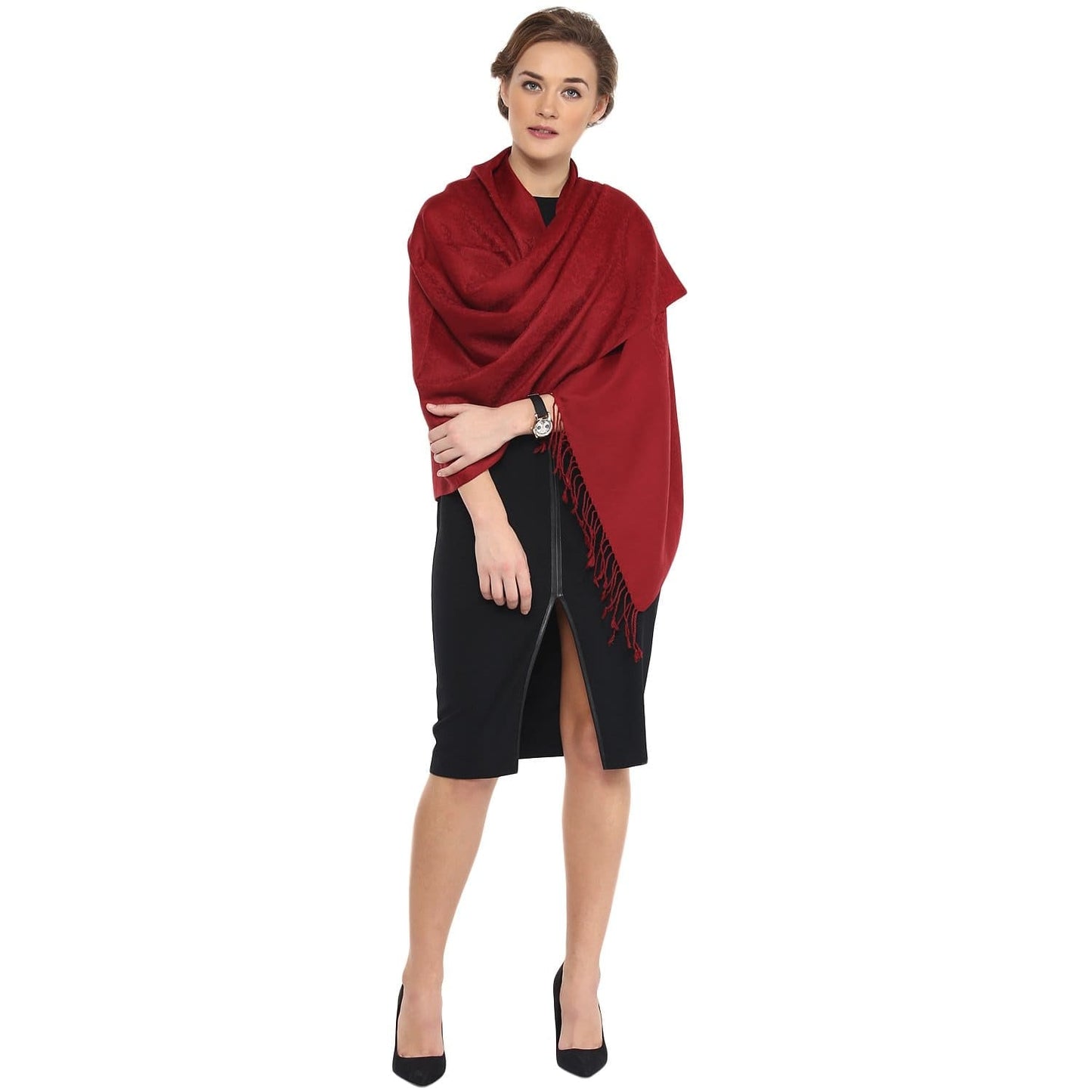 Pashtush India Stole Pashtush Womens Stole, Fine Wool Scarf, Paisley Jacquard Weave, Maroon