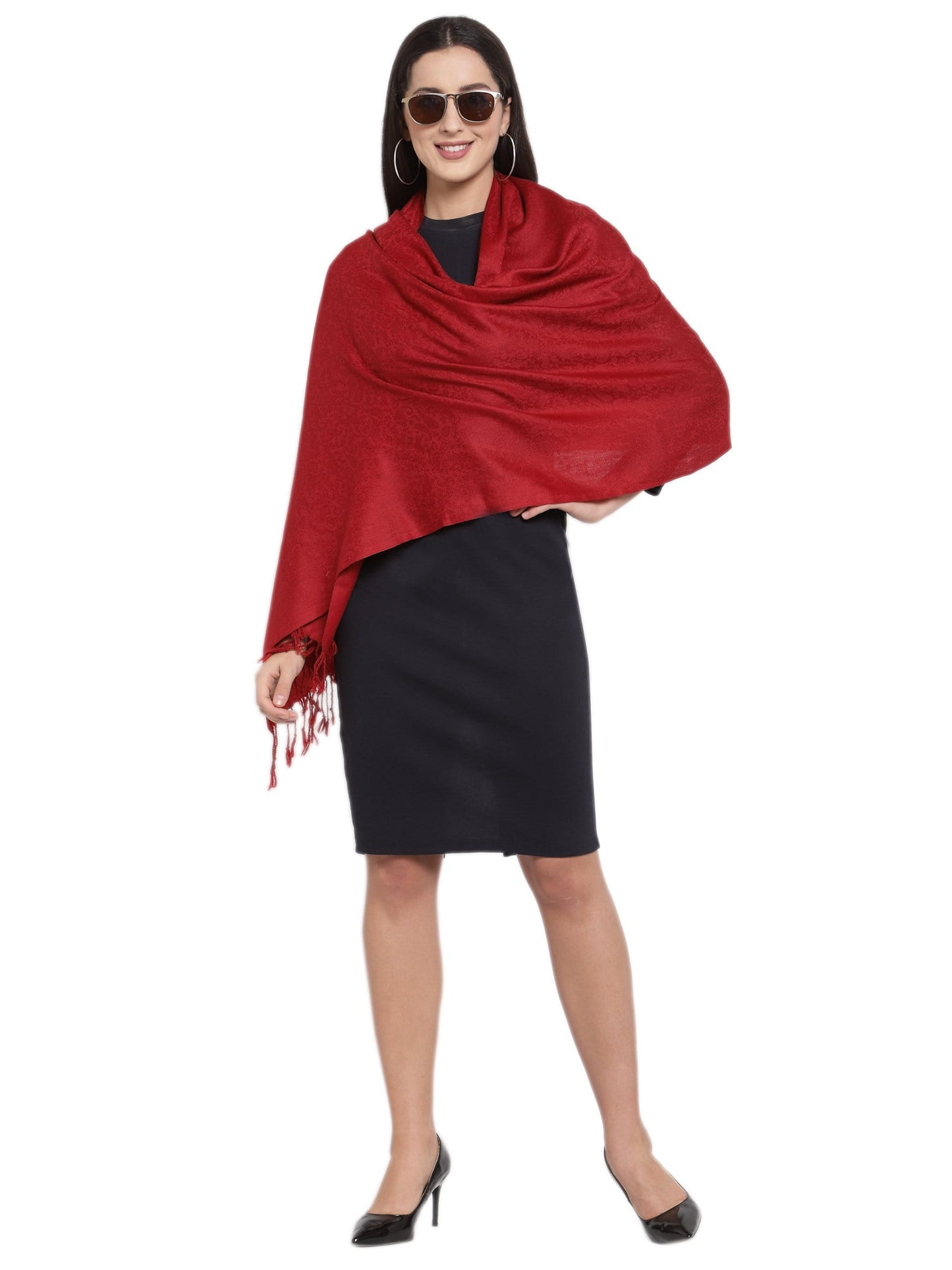 Pashtush India 70x200 Pashtush Womens Stole, Fine Wool Scarf, Paisley Jacquard Weave, Maroon
