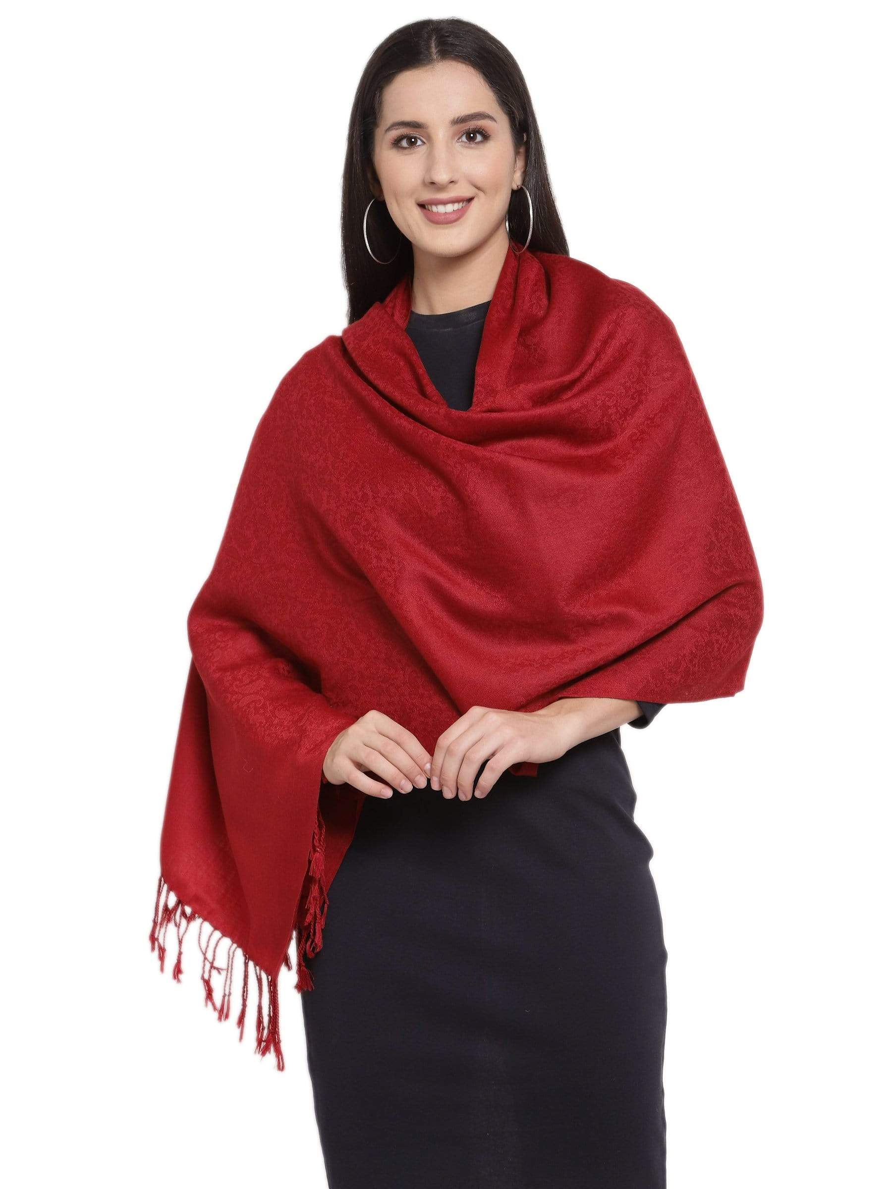 Pashtush India 70x200 Pashtush Womens Stole, Fine Wool Scarf, Paisley Jacquard Weave, Maroon