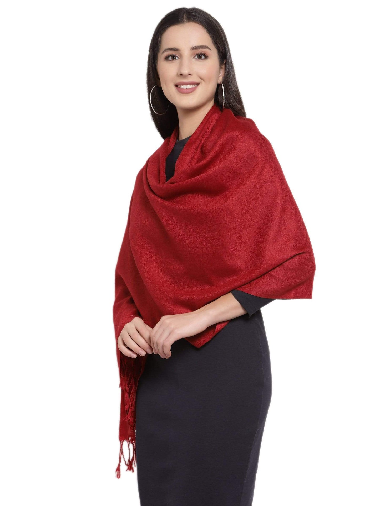 Pashtush India 70x200 Pashtush Womens Stole, Fine Wool Scarf, Paisley Jacquard Weave, Maroon