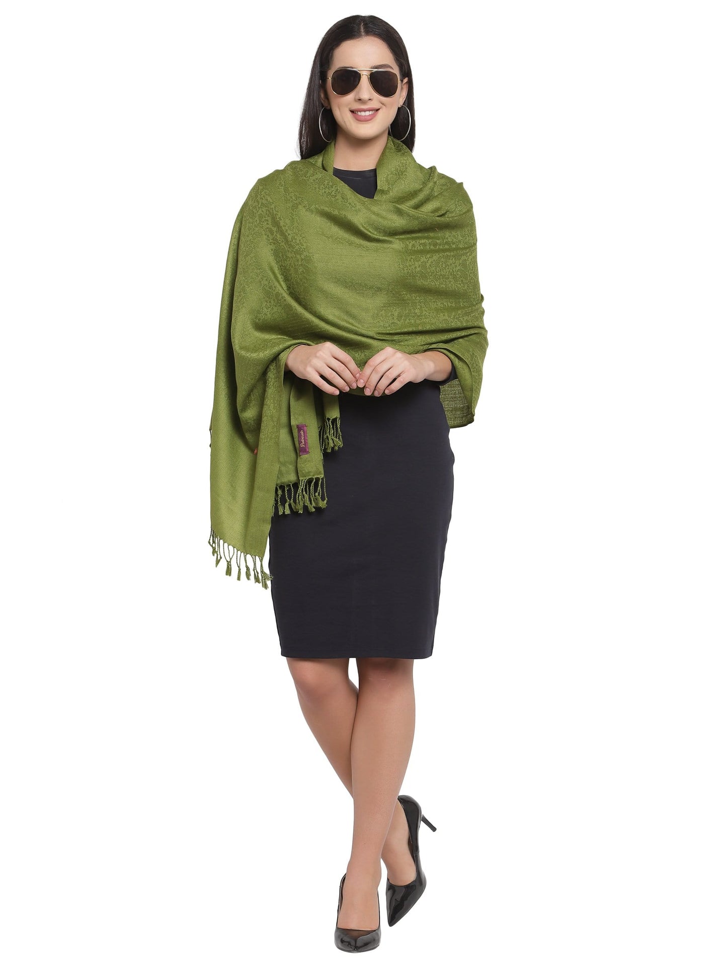 Pashtush India 70x200 Pashtush Womens Stole, Fine Wool Scarf, Paisley Jacquard Weave, Olive Green