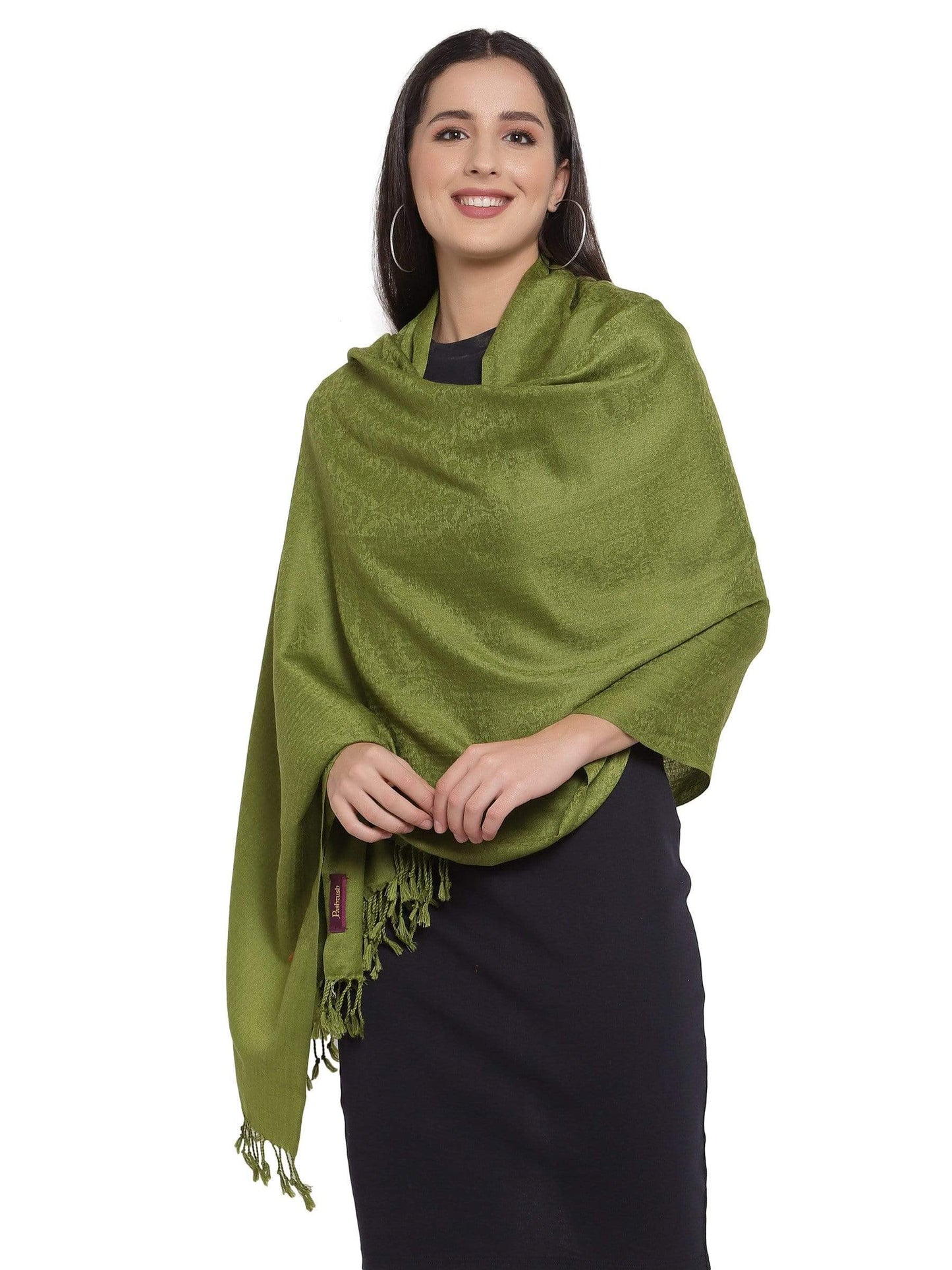 Pashtush India 70x200 Pashtush Womens Stole, Fine Wool Scarf, Paisley Jacquard Weave, Olive Green