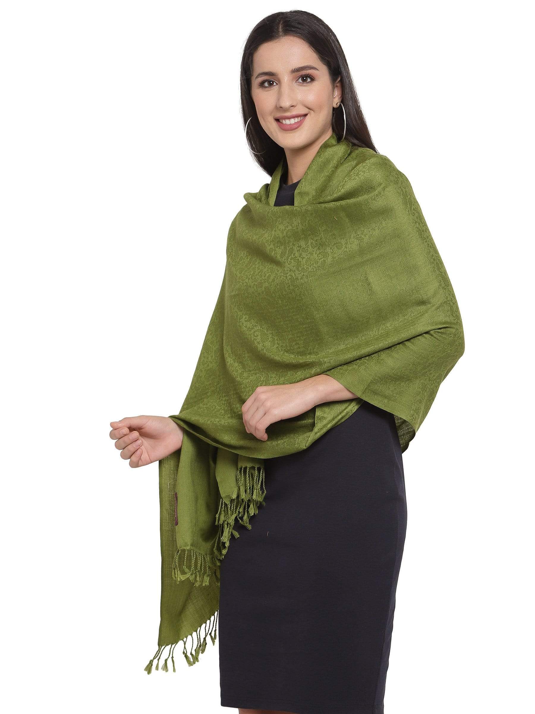 Pashtush India 70x200 Pashtush Womens Stole, Fine Wool Scarf, Paisley Jacquard Weave, Olive Green