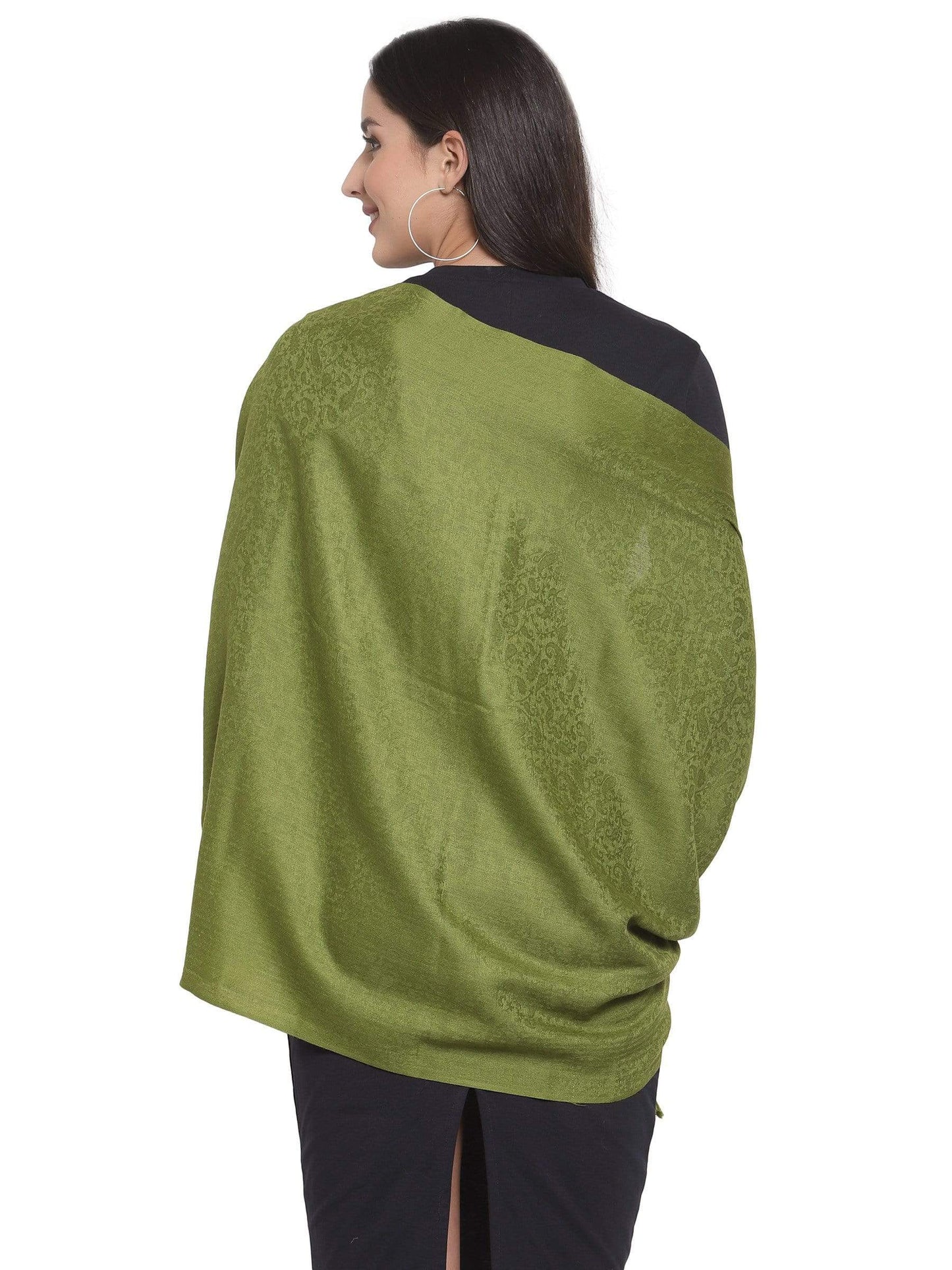 Pashtush India 70x200 Pashtush Womens Stole, Fine Wool Scarf, Paisley Jacquard Weave, Olive Green