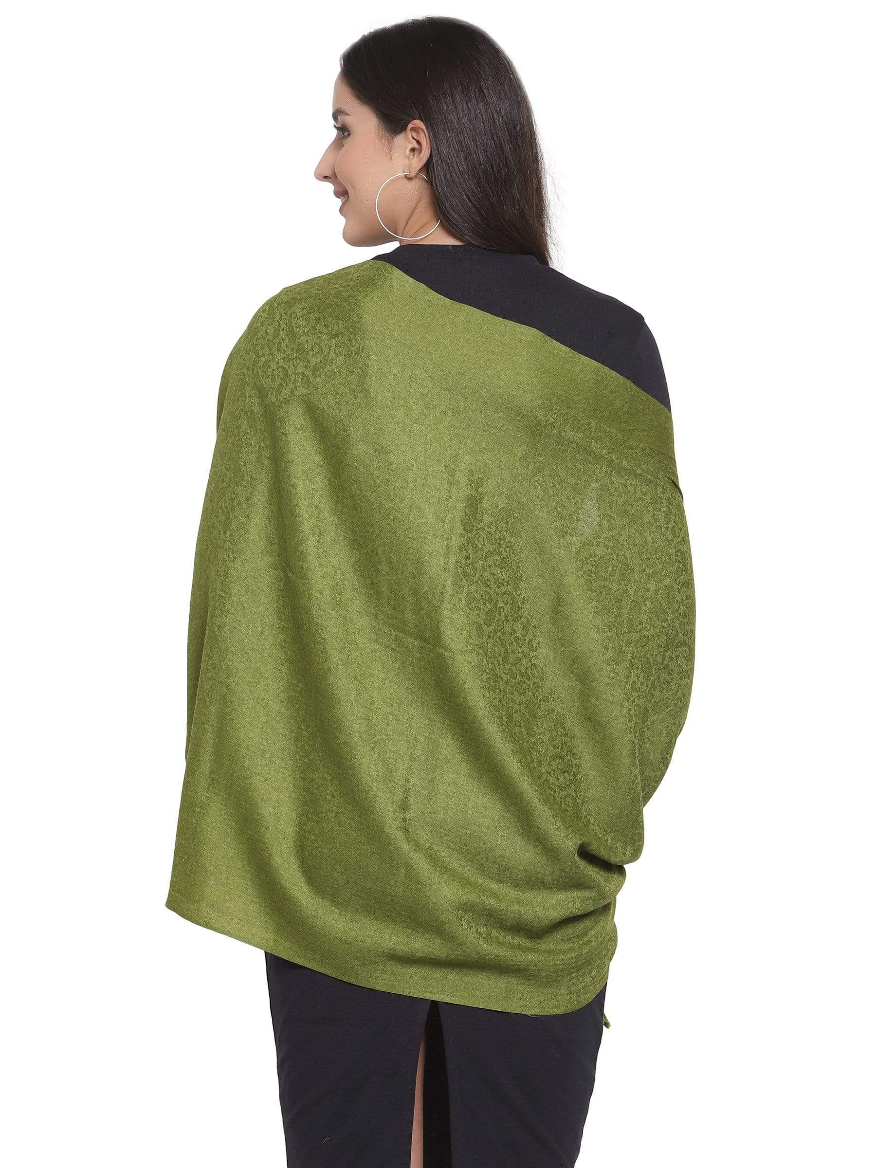 Pashtush India 70x200 Pashtush Womens Stole, Fine Wool Scarf, Paisley Jacquard Weave, Olive Green