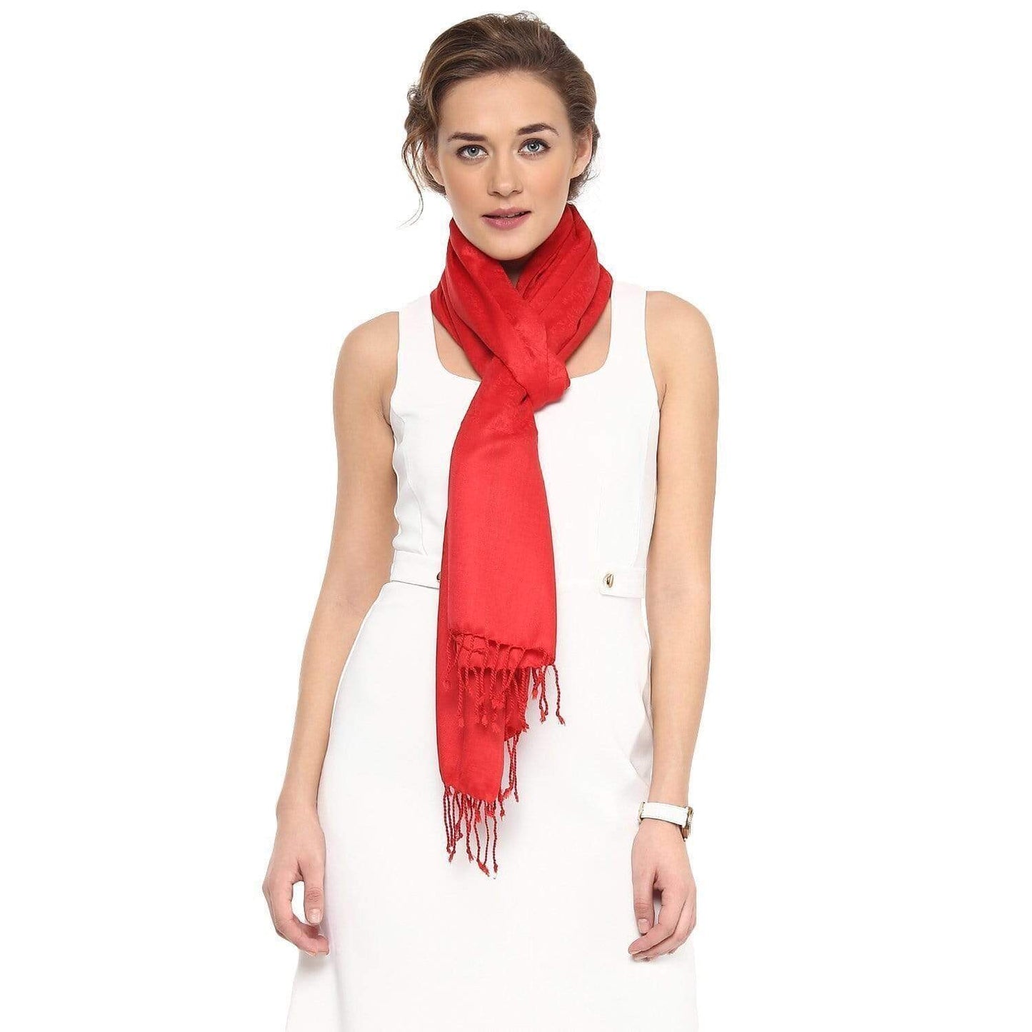 Pashtush India Stole Pashtush Womens Stole, Fine Wool Scarf, Paisley Jacquard Weave, Scarlet Red
