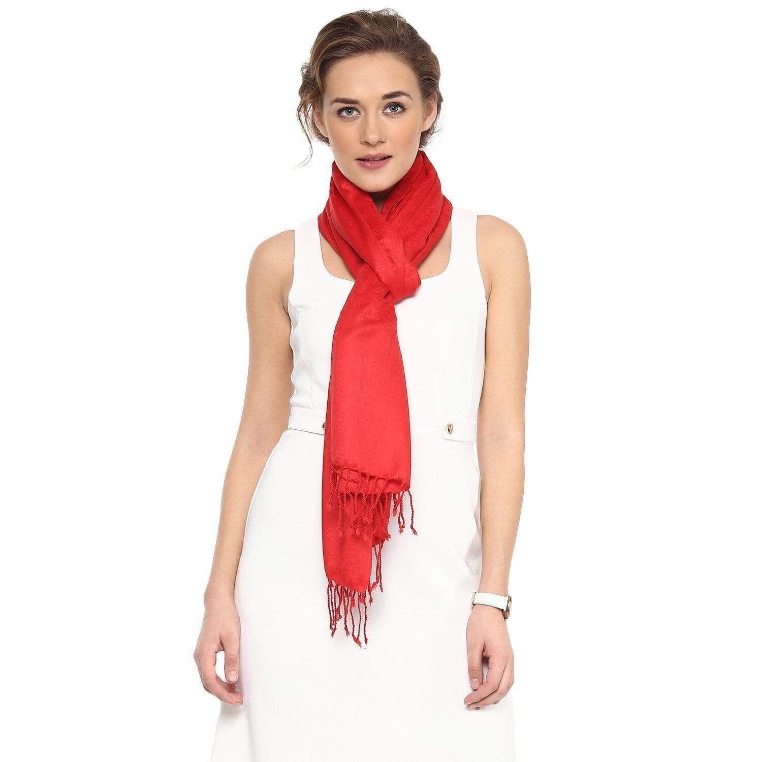 Pashtush India Stole Pashtush Womens Stole, Fine Wool Scarf, Paisley Jacquard Weave, Scarlet Red