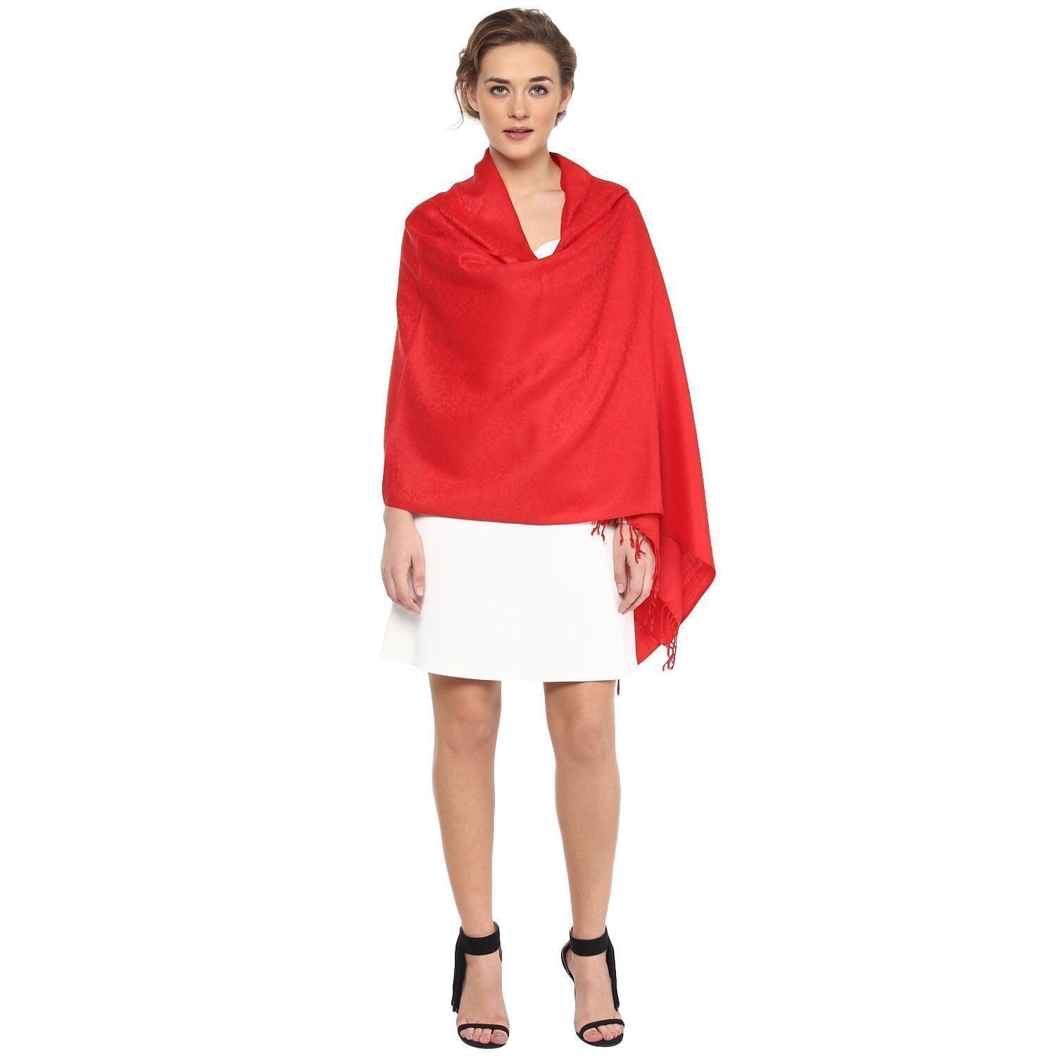Pashtush India Stole Pashtush Womens Stole, Fine Wool Scarf, Paisley Jacquard Weave, Scarlet Red