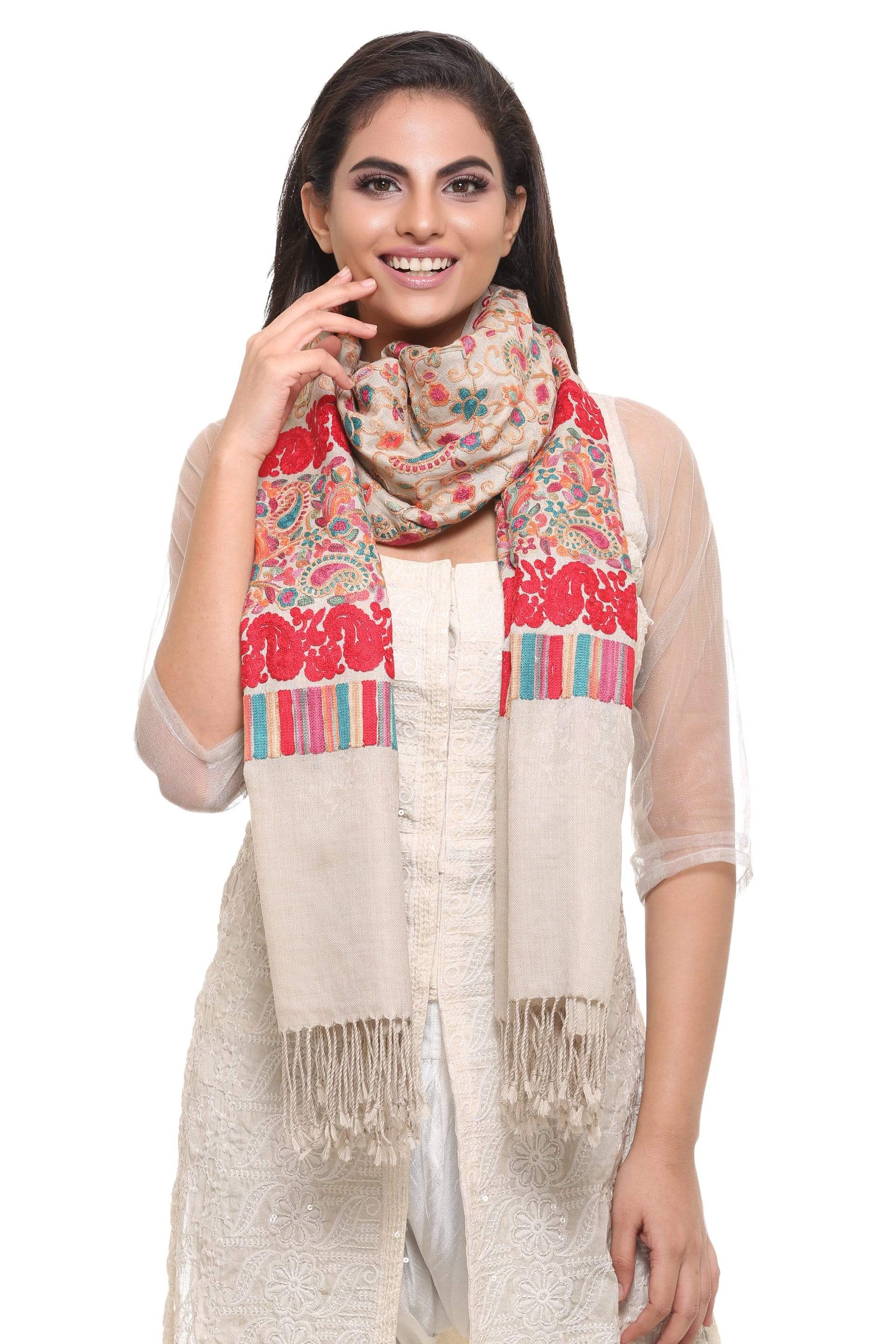 Pashtush Store Stole Pashtush Womens Stole with Aari Embroidery, Jaal Design, light Beige
