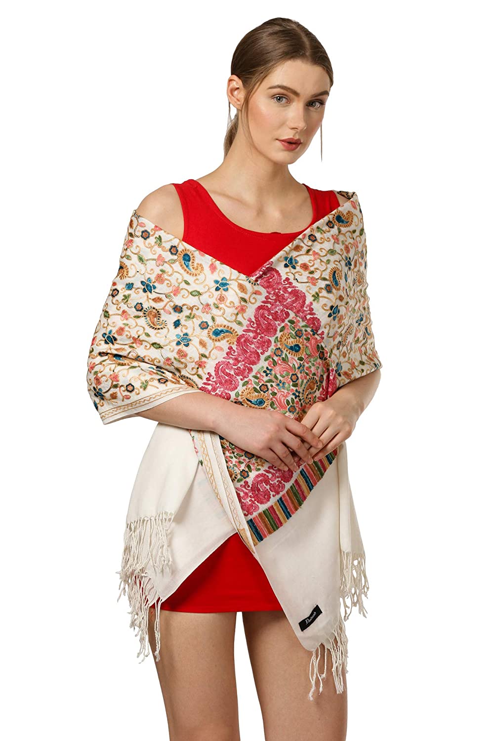 Pashtush Store Stole Pashtush Womens Stole with Aari Embroidery, Jaal Design, White
