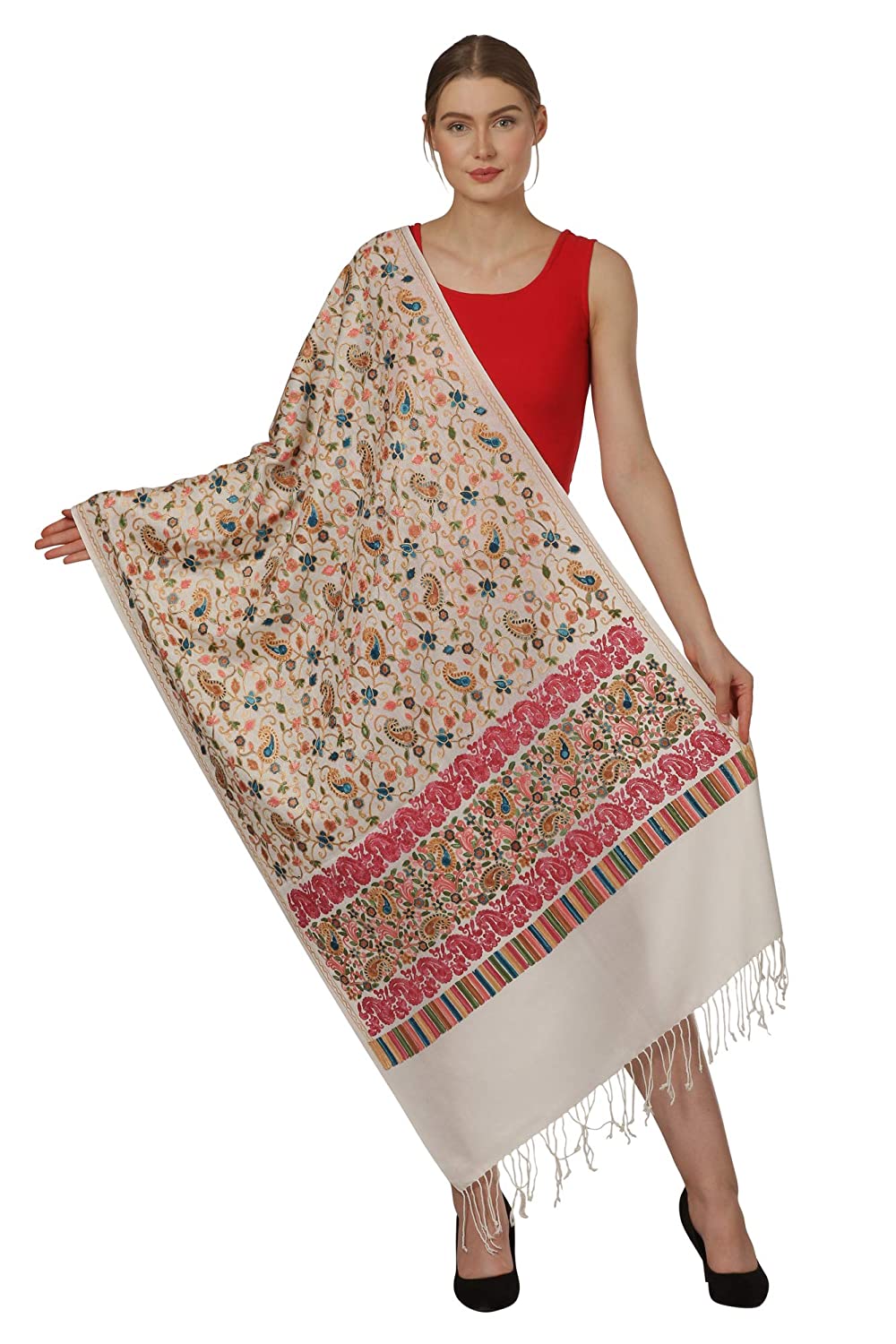 Pashtush Store Stole Pashtush Womens Stole with Aari Embroidery, Jaal Design, White