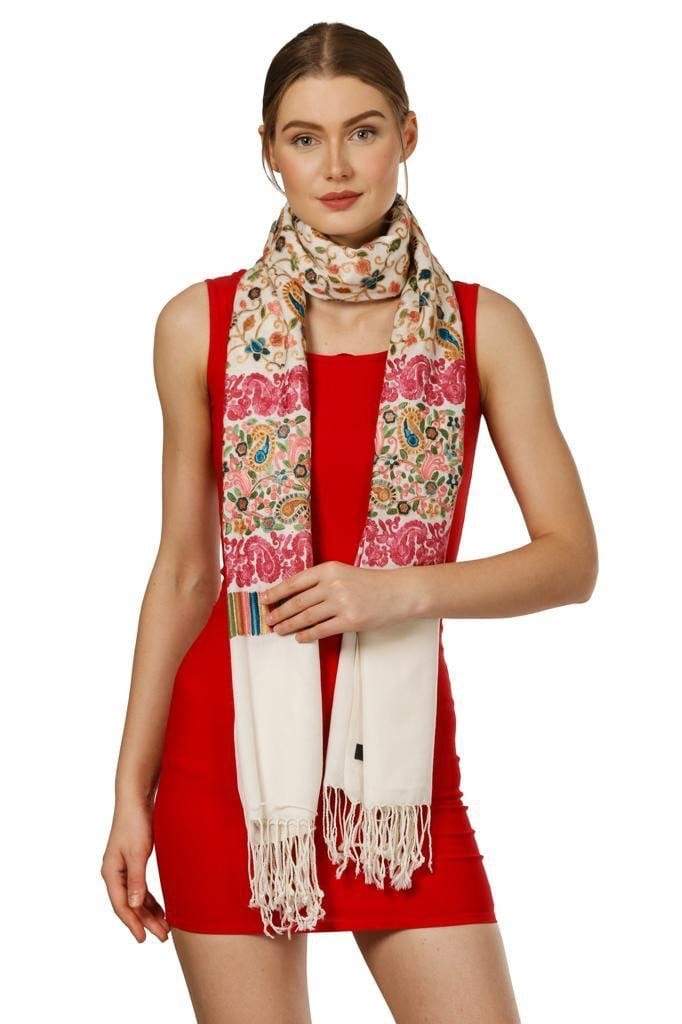 Pashtush Store Stole Pashtush Womens Stole with Aari Embroidery, Jaal Design, White