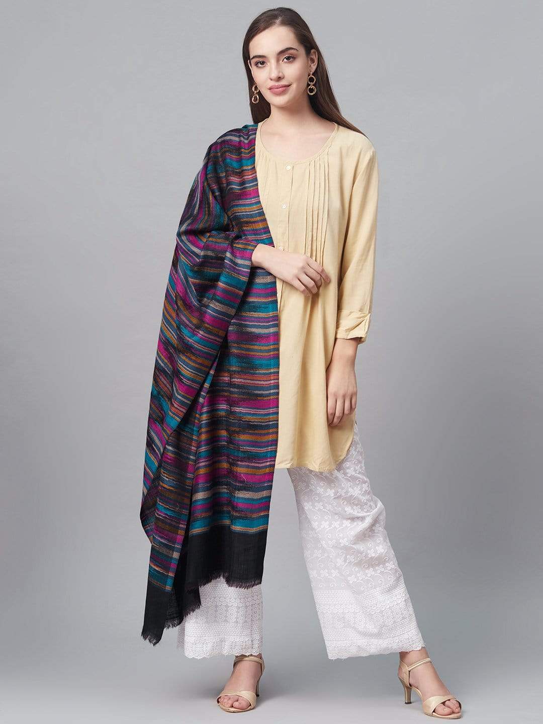 Pashtush India 70x200 Pashtush Women Black  Blue Pure Wool Woven Design Kaani Shawl
