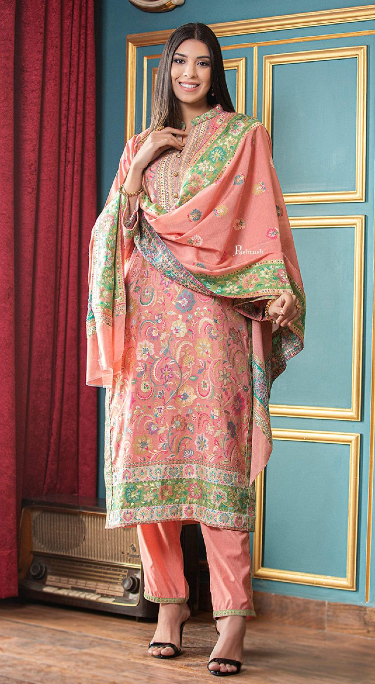 Pashtush India suit Pashtush Womens Suit, Ethnic Weave Cotton-Silk Unstitched, Peach Salmon
