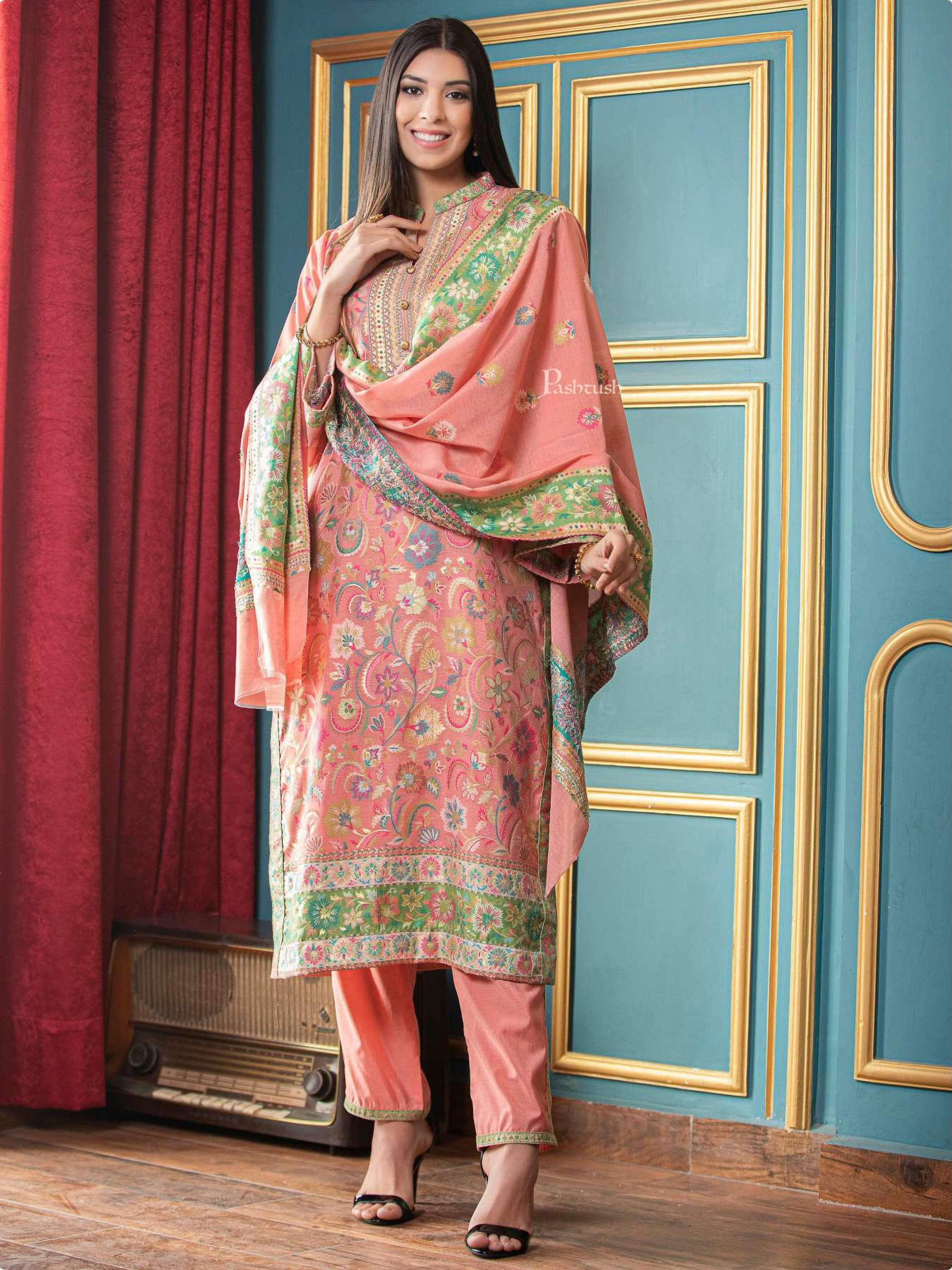 Pashtush India suit Pashtush Womens Suit, Ethnic Weave Cotton-Silk Unstitched, Peach Salmon