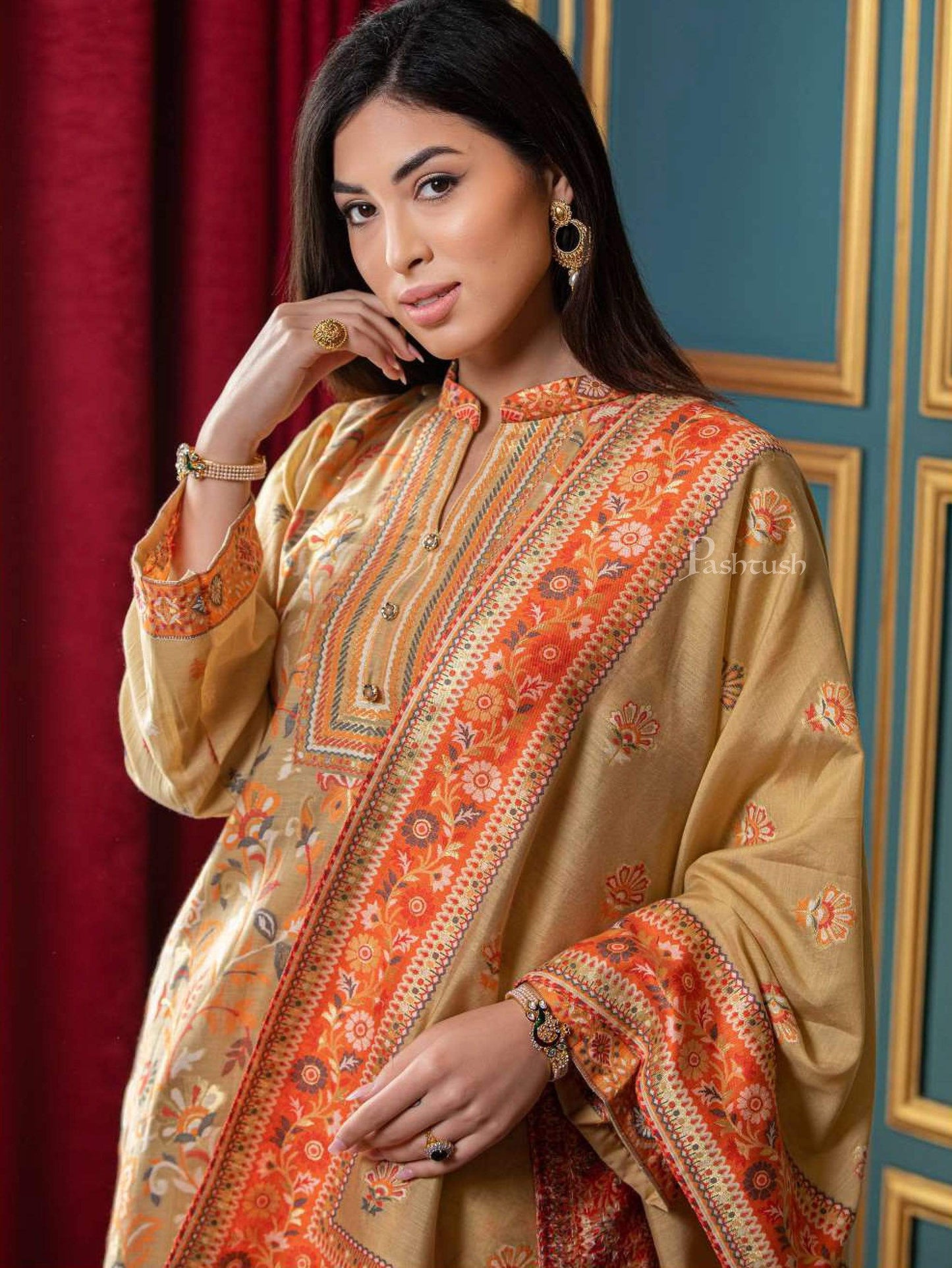 Pashtush India suit Pashtush Womens Suit with Ethnic Weave Cotton-Silk, Unstitched, Sun-kissed Hue